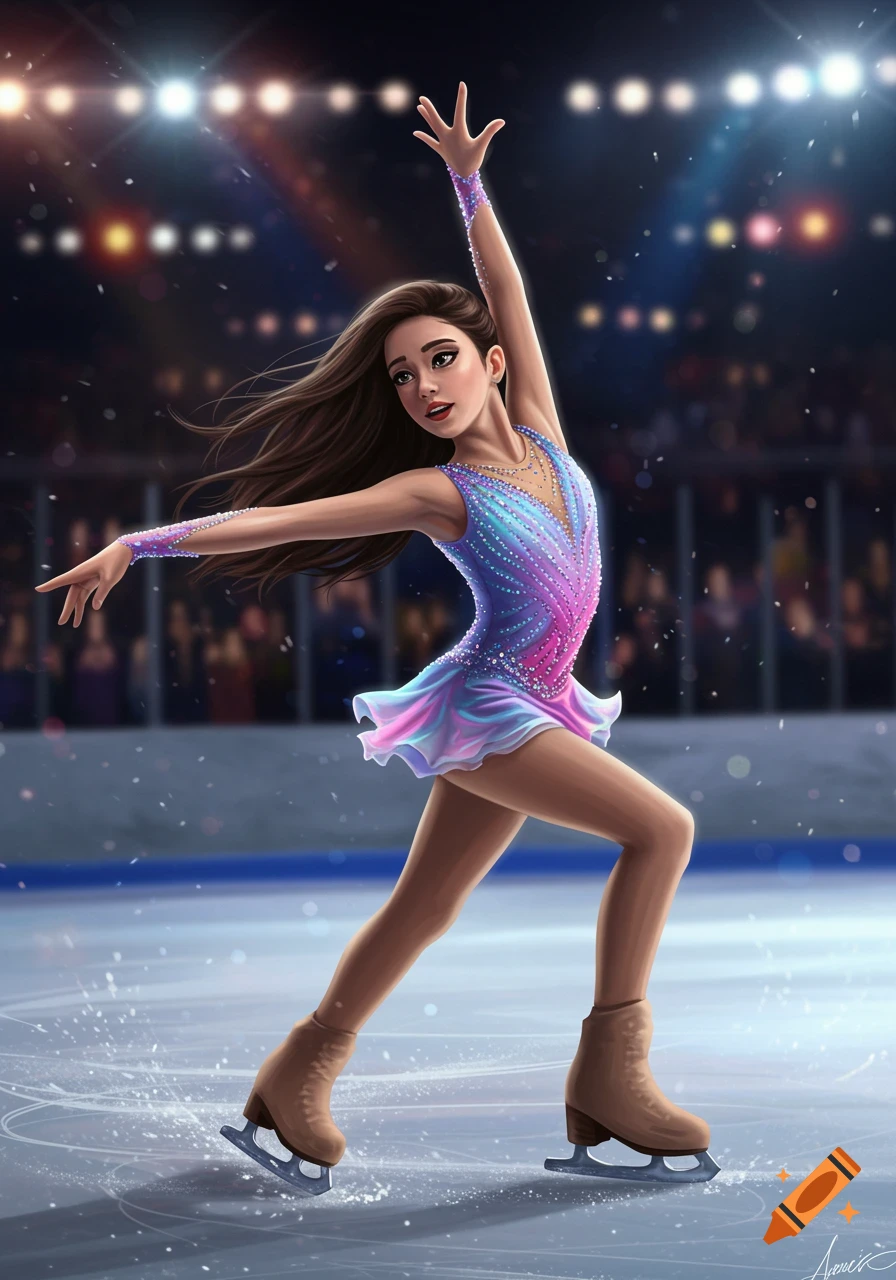 Illustration of a girl figure skater performing a lunge pose on ice.