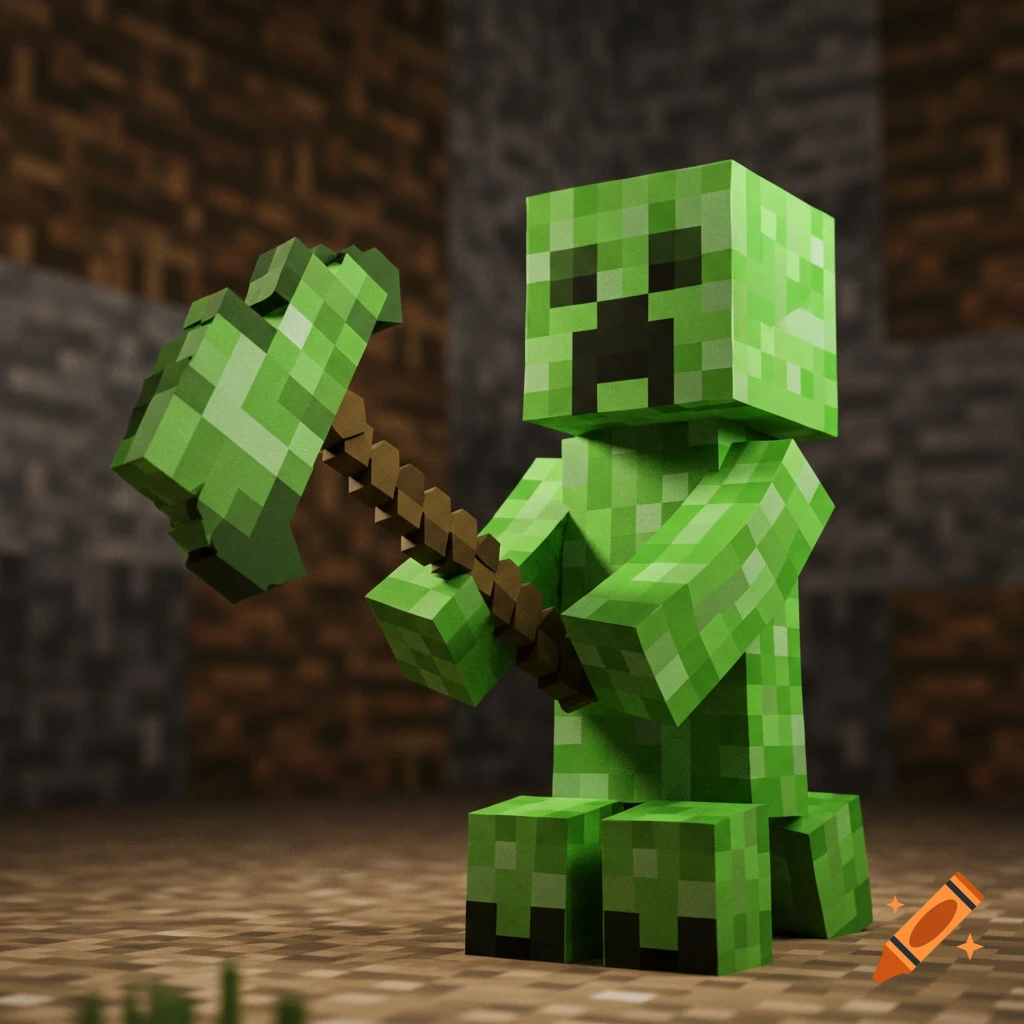 A 3D render of a Minecraft Creeper holding an axe made of smaller Creepers in a mine.