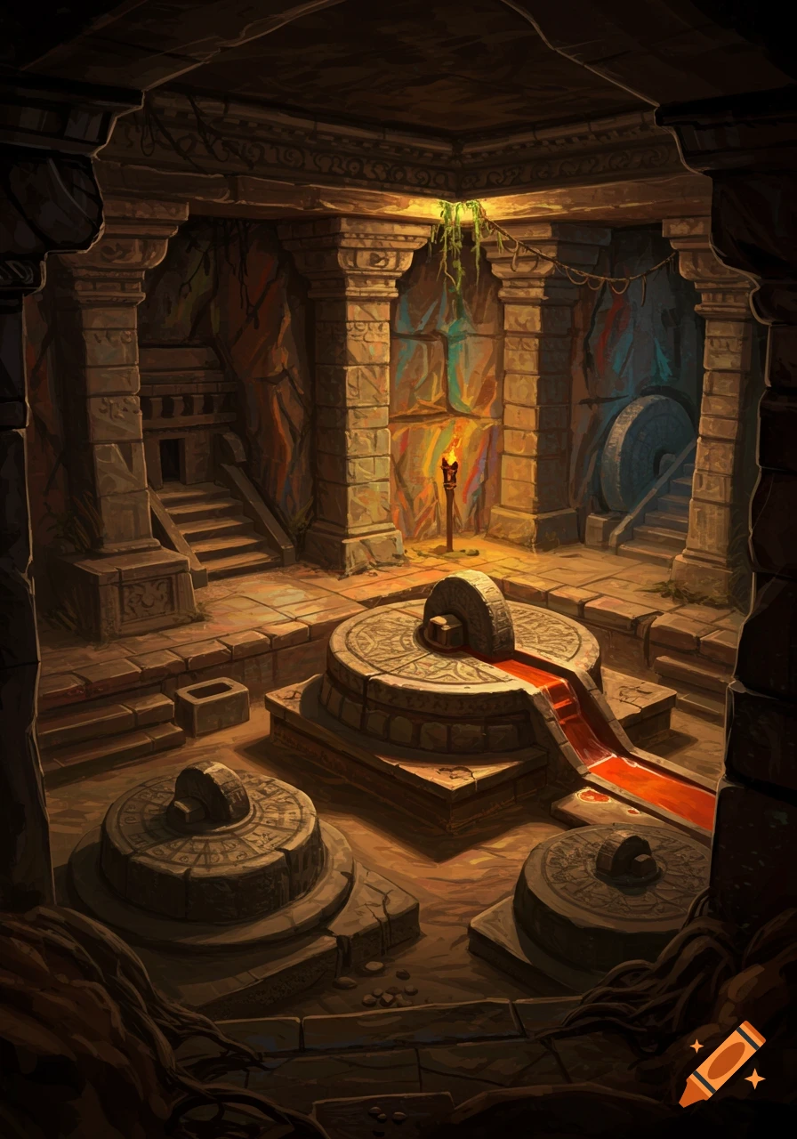 Digital painting of an ancient underground temple with large grinding stones, stairs, and a torch on the wall.