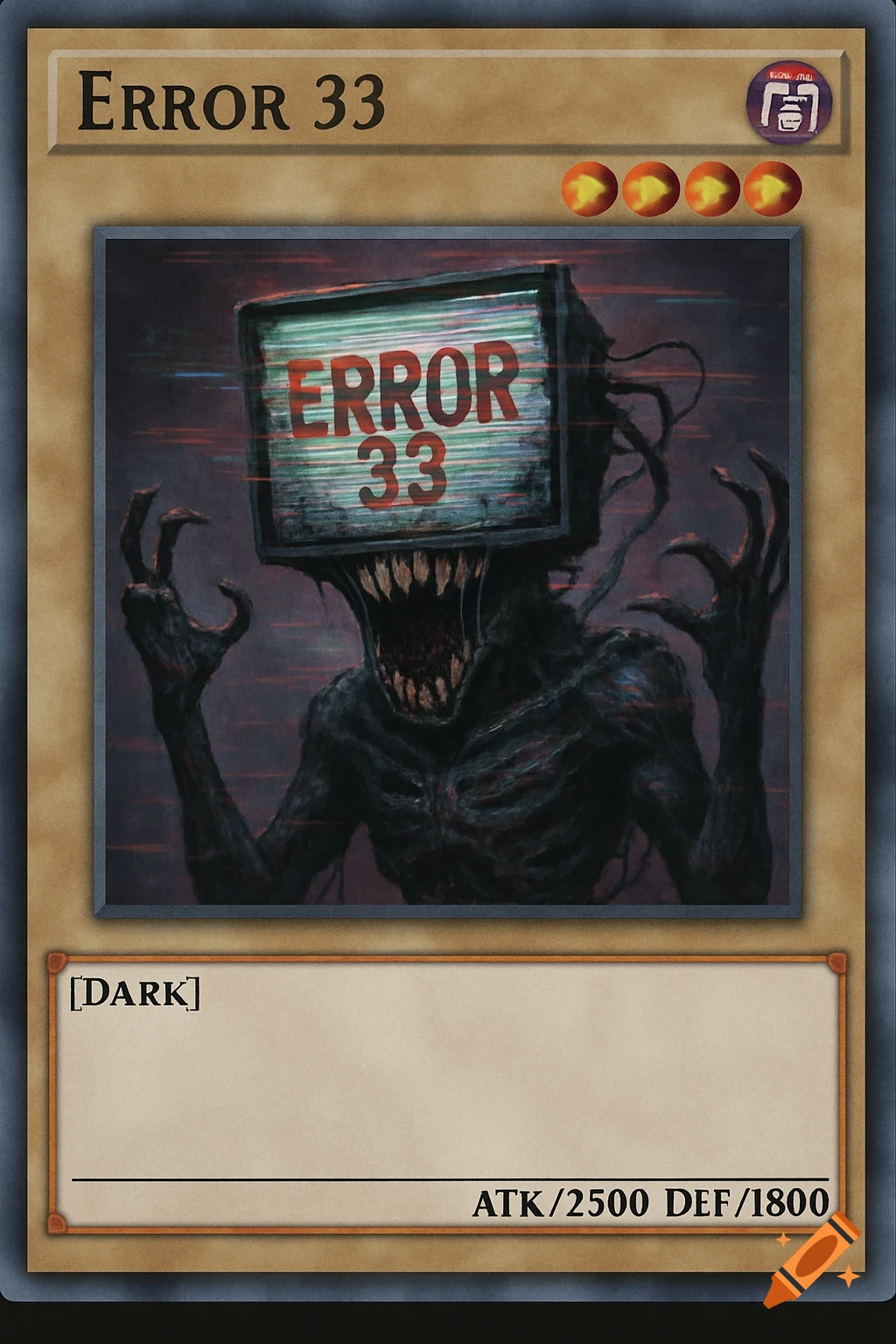 A trading card featuring a dark, skeletal monster with a computer monitor for a head displaying "ERROR 33". The card is in the style of Yu-Gi-Oh!.