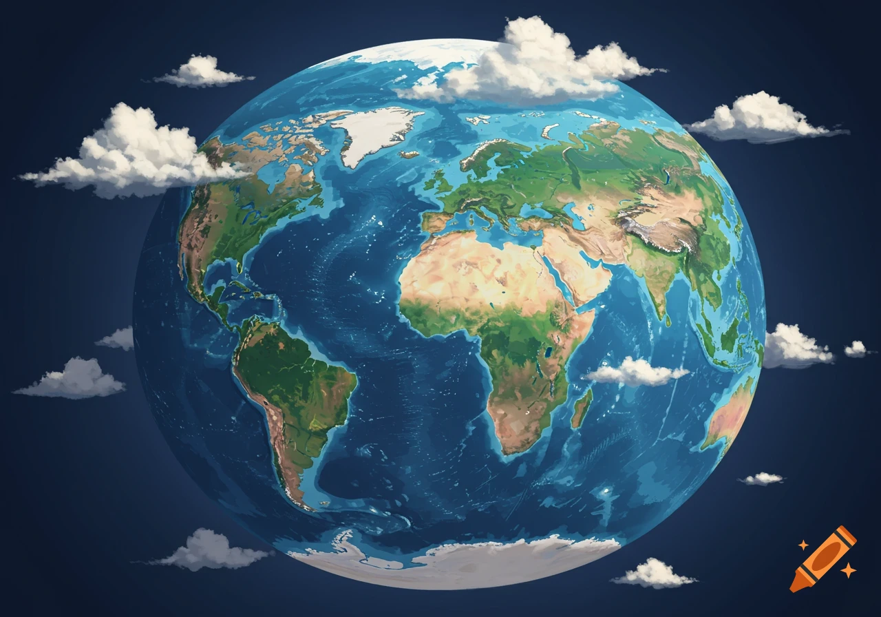 A stylized illustration of the Earth seen from space with clouds.