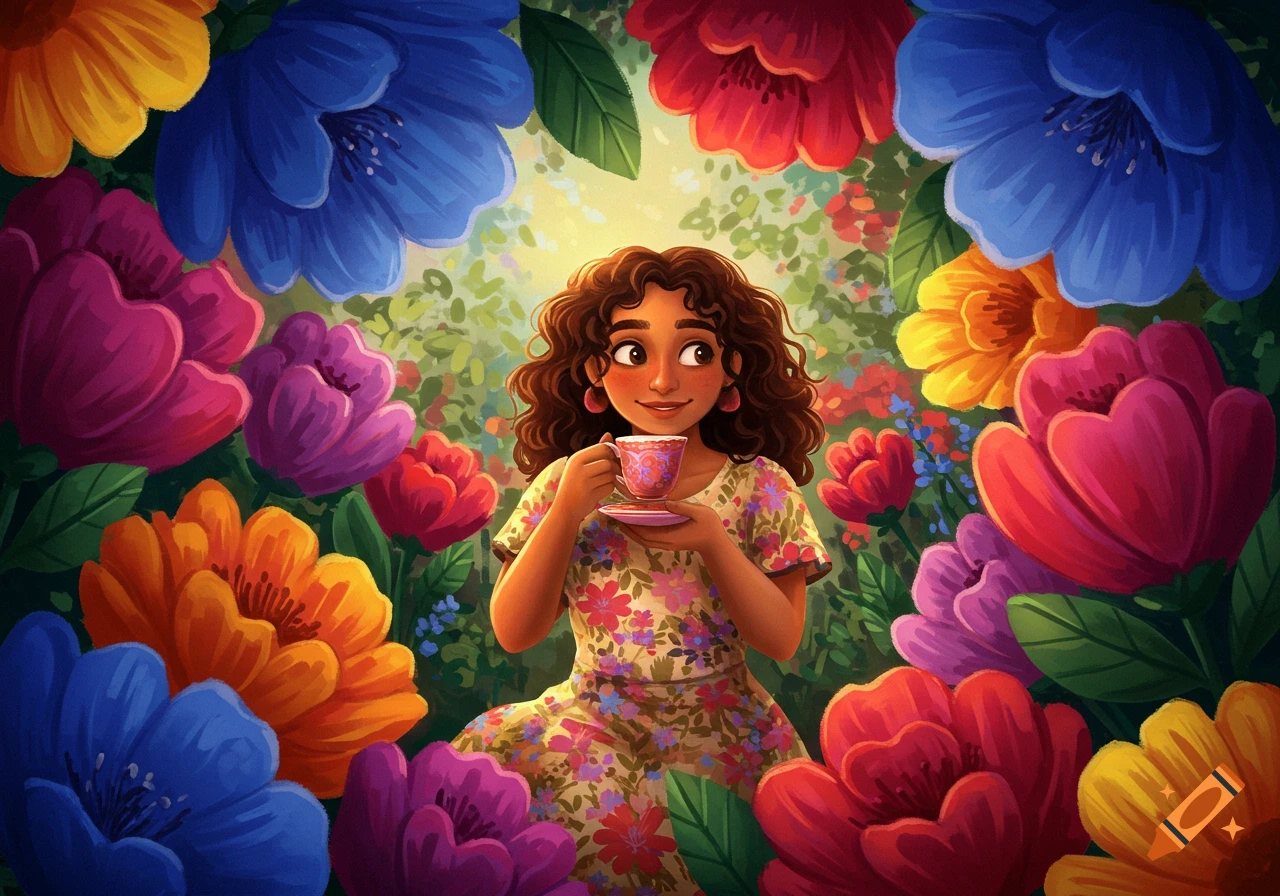 Illustration of a person sipping tea surrounded by large, colorful flowers.