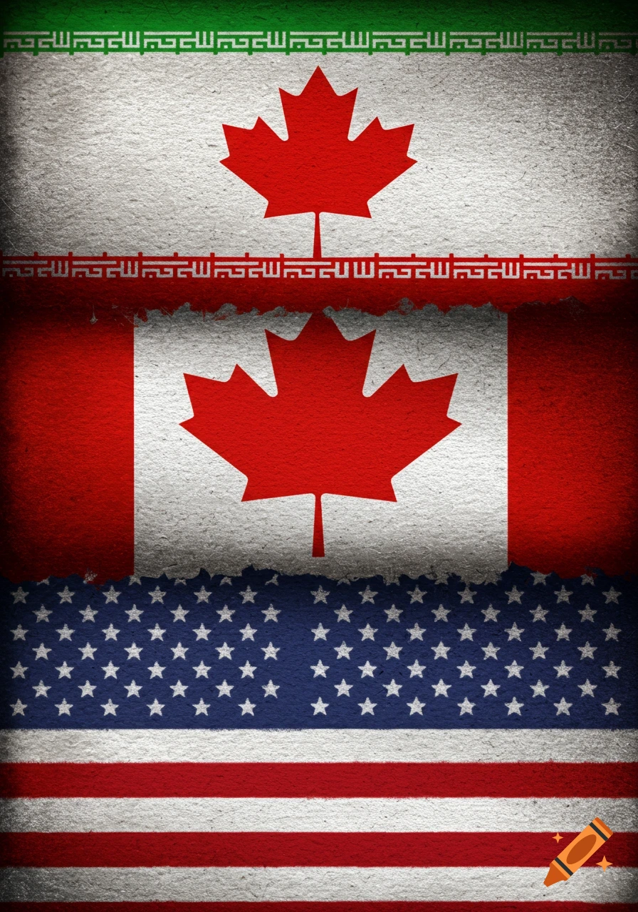 Vertical stack of the flags of Iran, Canada, and the USA with a textured, grungy effect.