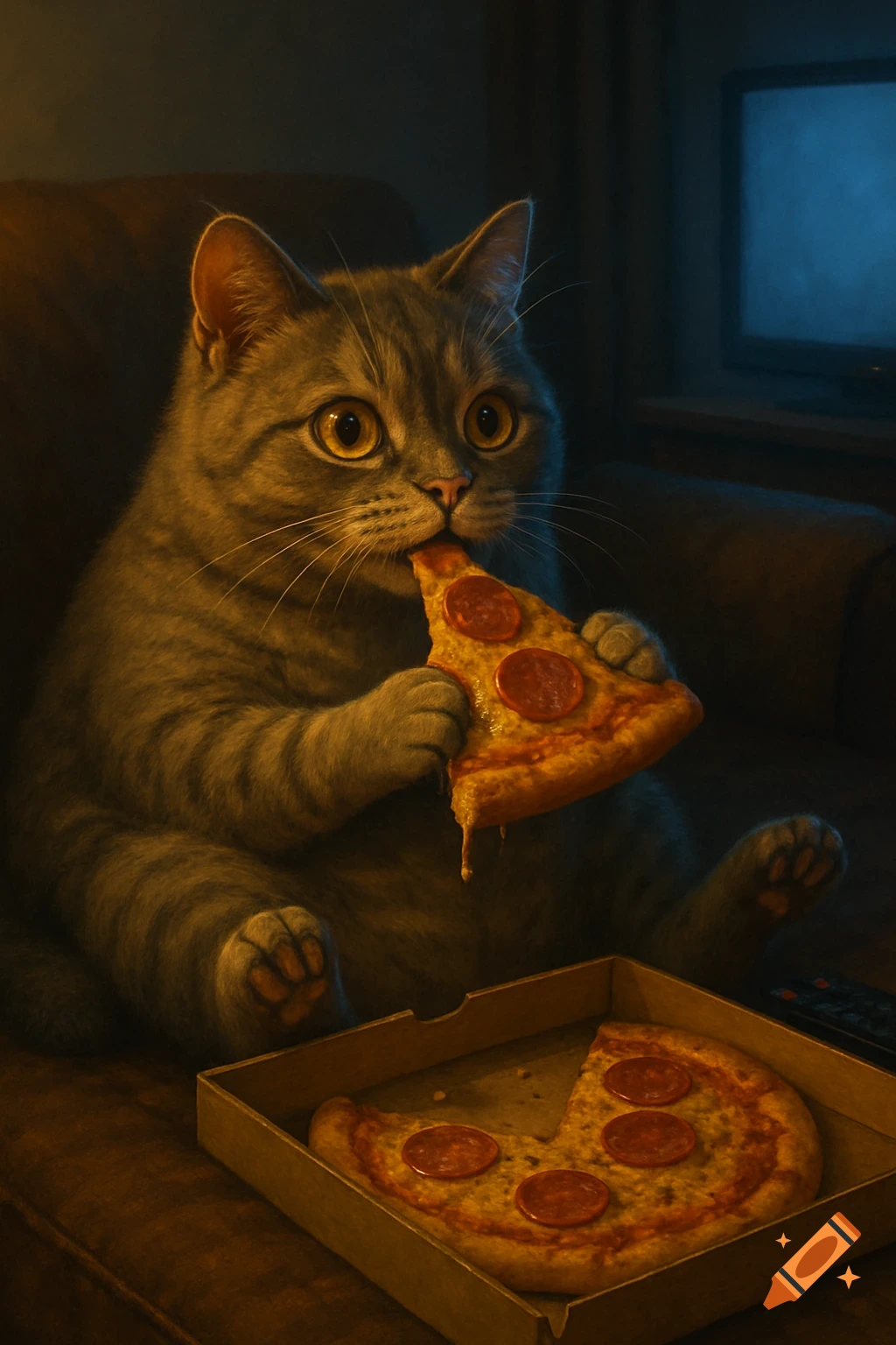 A gray cat sits on a couch, eating a slice of pepperoni pizza from a box while watching television.