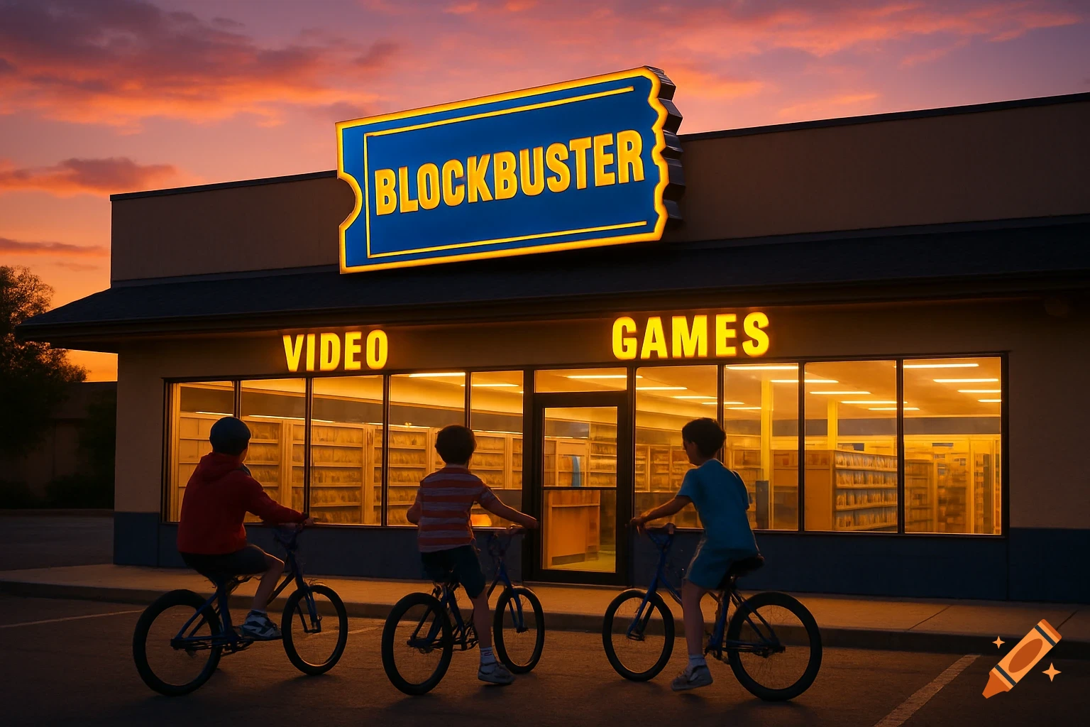 Kids on bikes outside a Blockbuster video store at sunset.