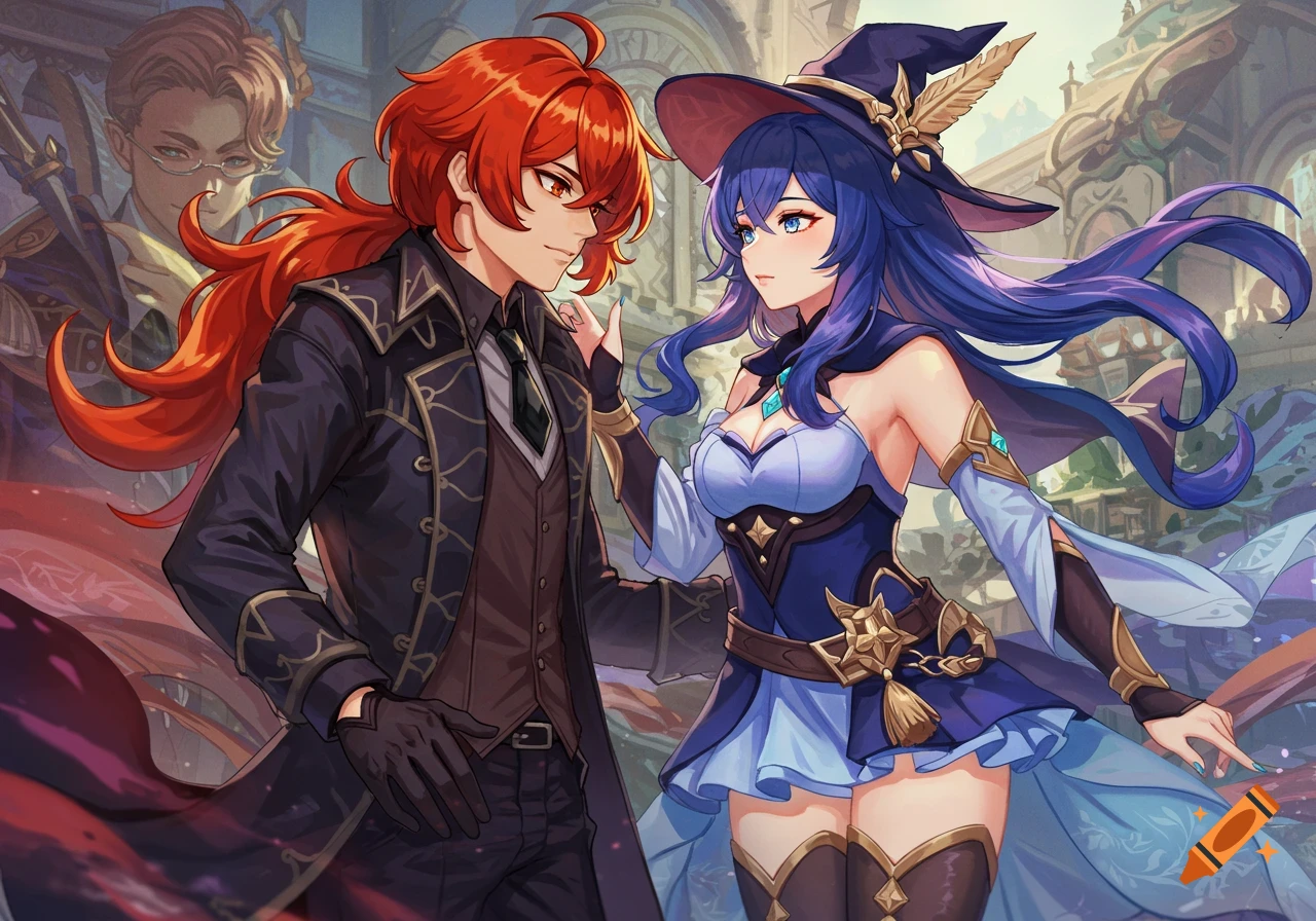 Anime style illustration of Diluc and Furina from Genshin Impact.