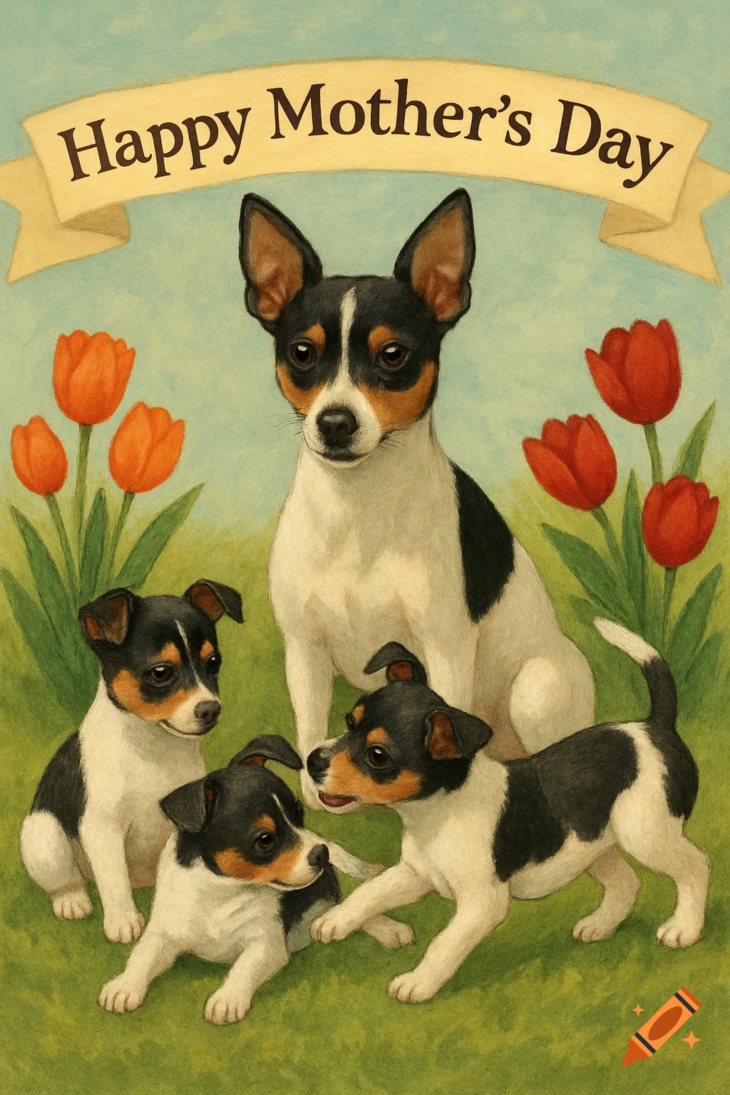 An illustration of a mother rat terrier and three puppies on grass with tulips and a Happy Mother's Day banner.