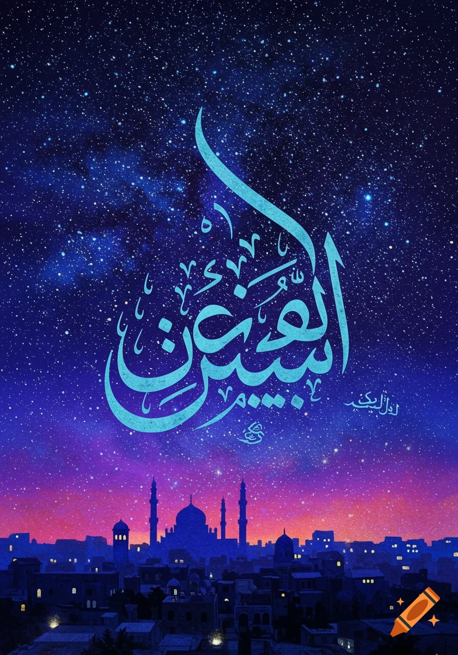 Arabic calligraphy over a starry night sky above a city skyline with mosques.