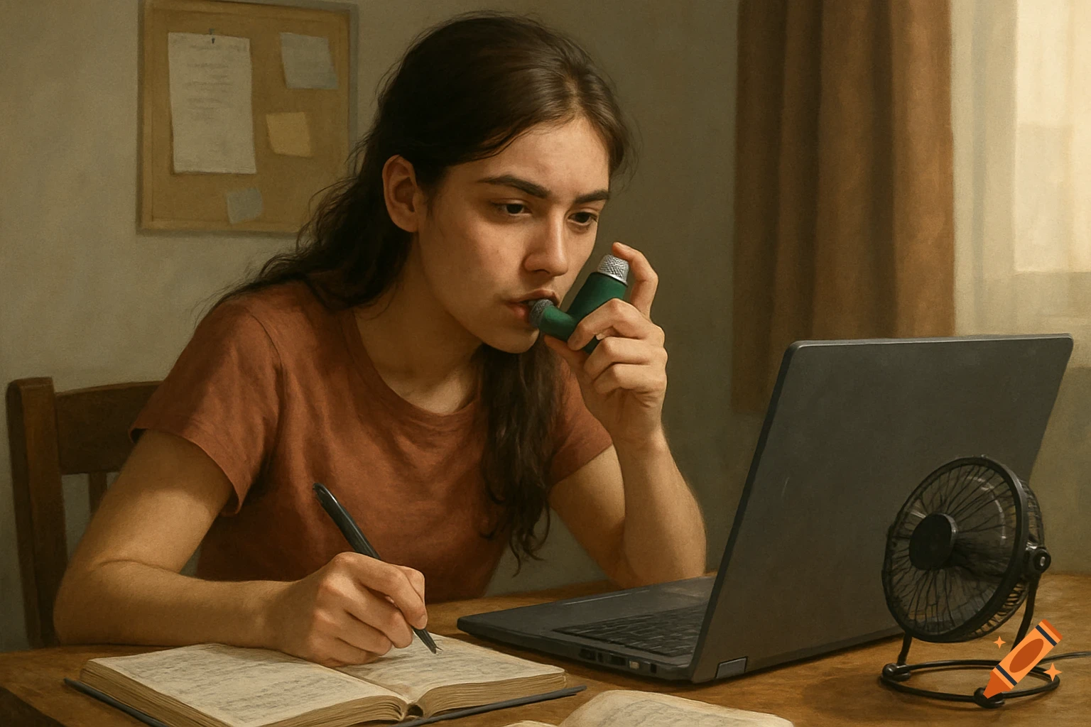 A young woman sits at a desk with a laptop, writing in a book and using an inhaler.