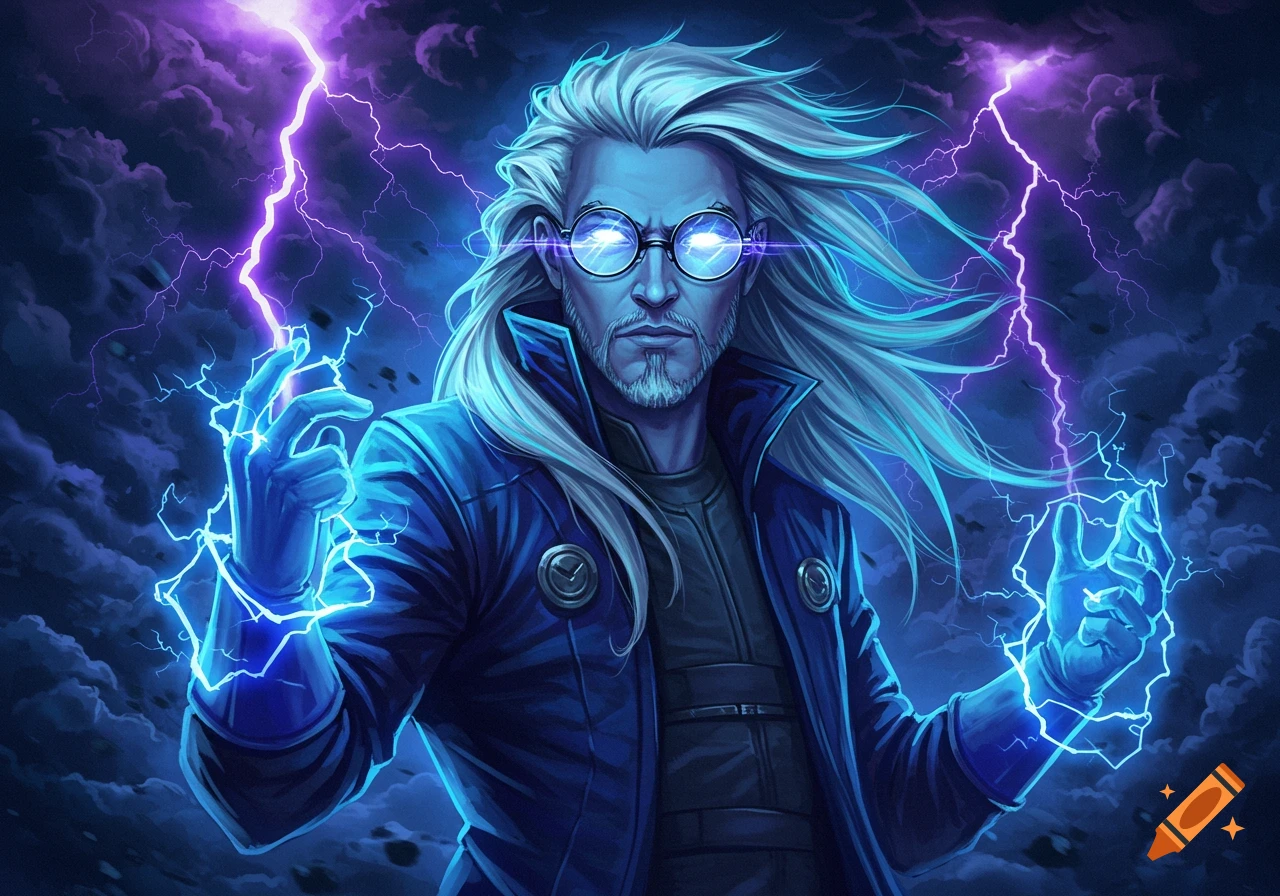 Fantasy illustration of a man with long white hair and glasses generating purple lightning.