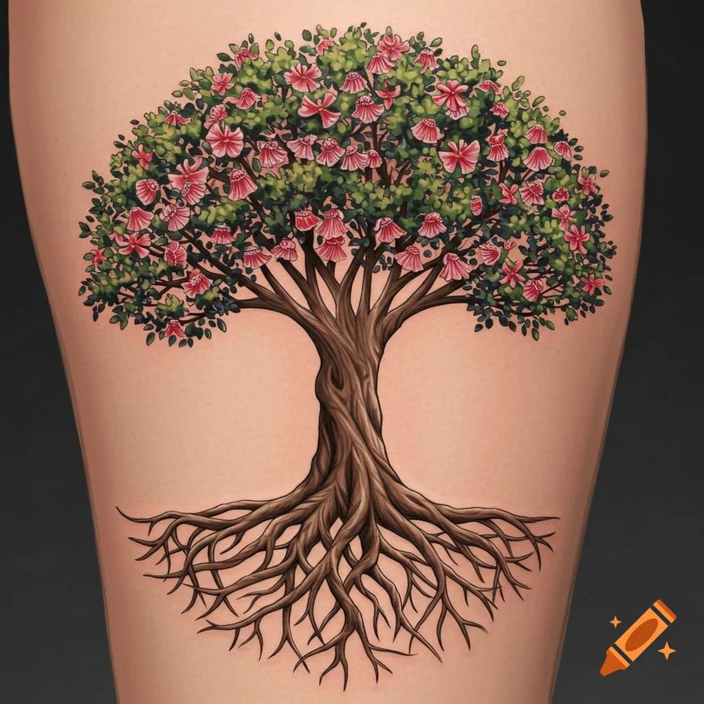 Tattoo of a tree with pink flowers and complex roots on skin.