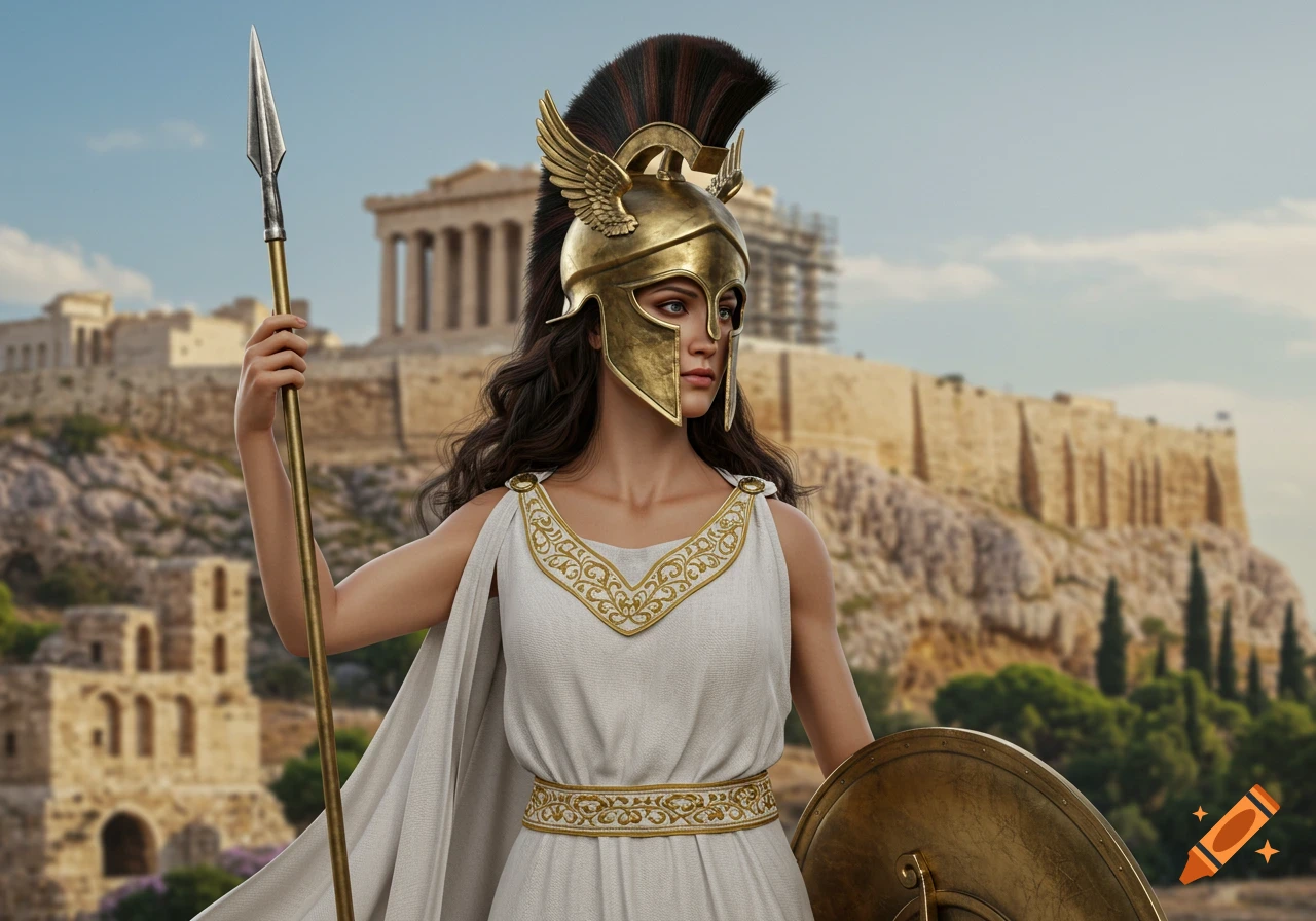 A woman dressed as Athena with a spear and shield stands before the Acropolis in Athens.