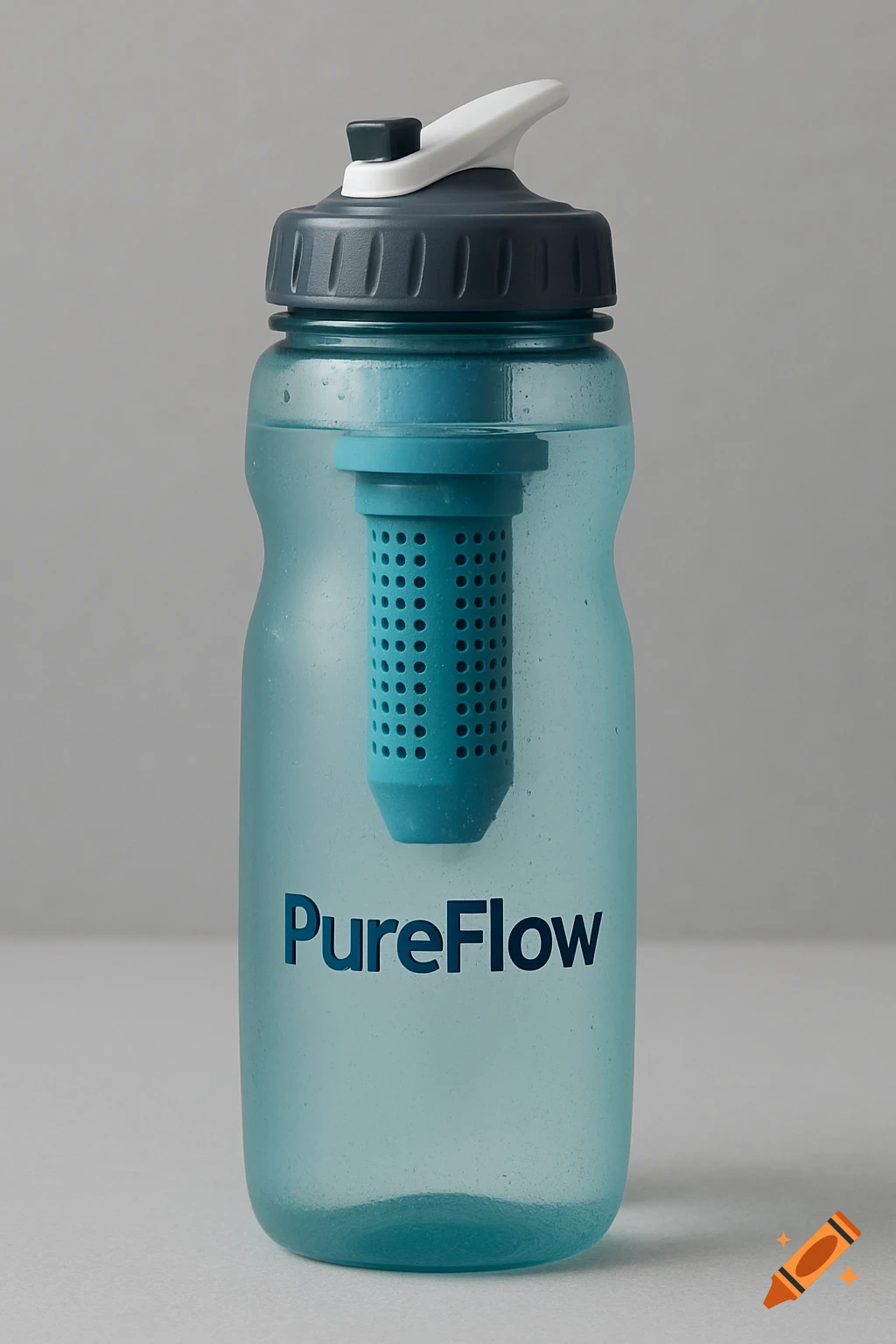 Blue water bottle with a filter and the text PureFlow