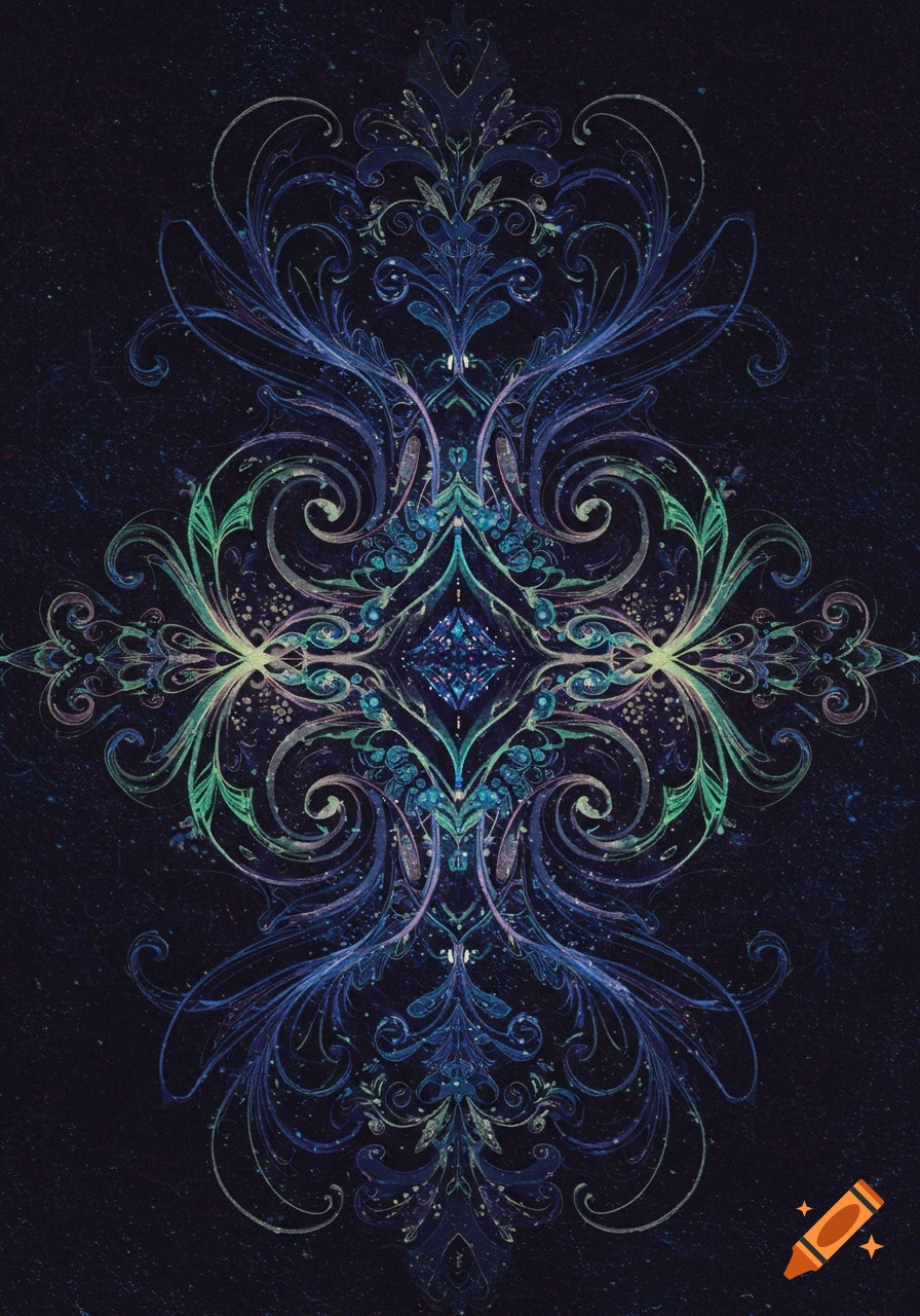 Symmetrical ornate pattern in blue and green on a dark background.