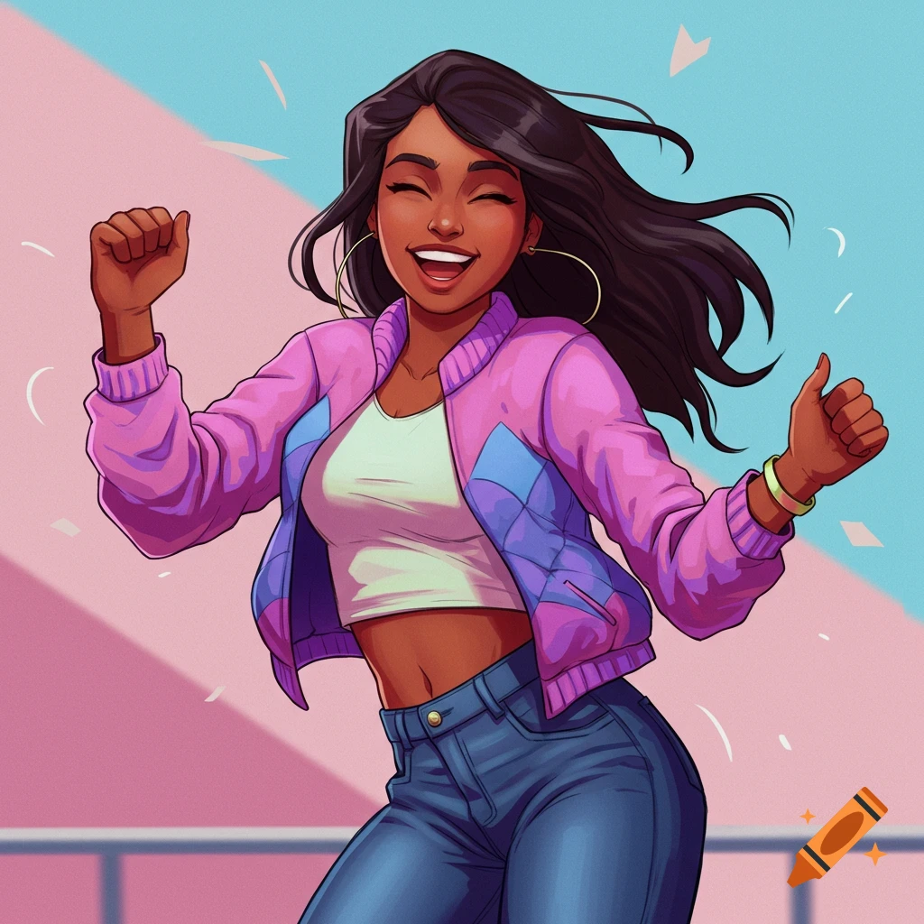 Cartoon illustration of a joyful woman dancing in a pink jacket and jeans.