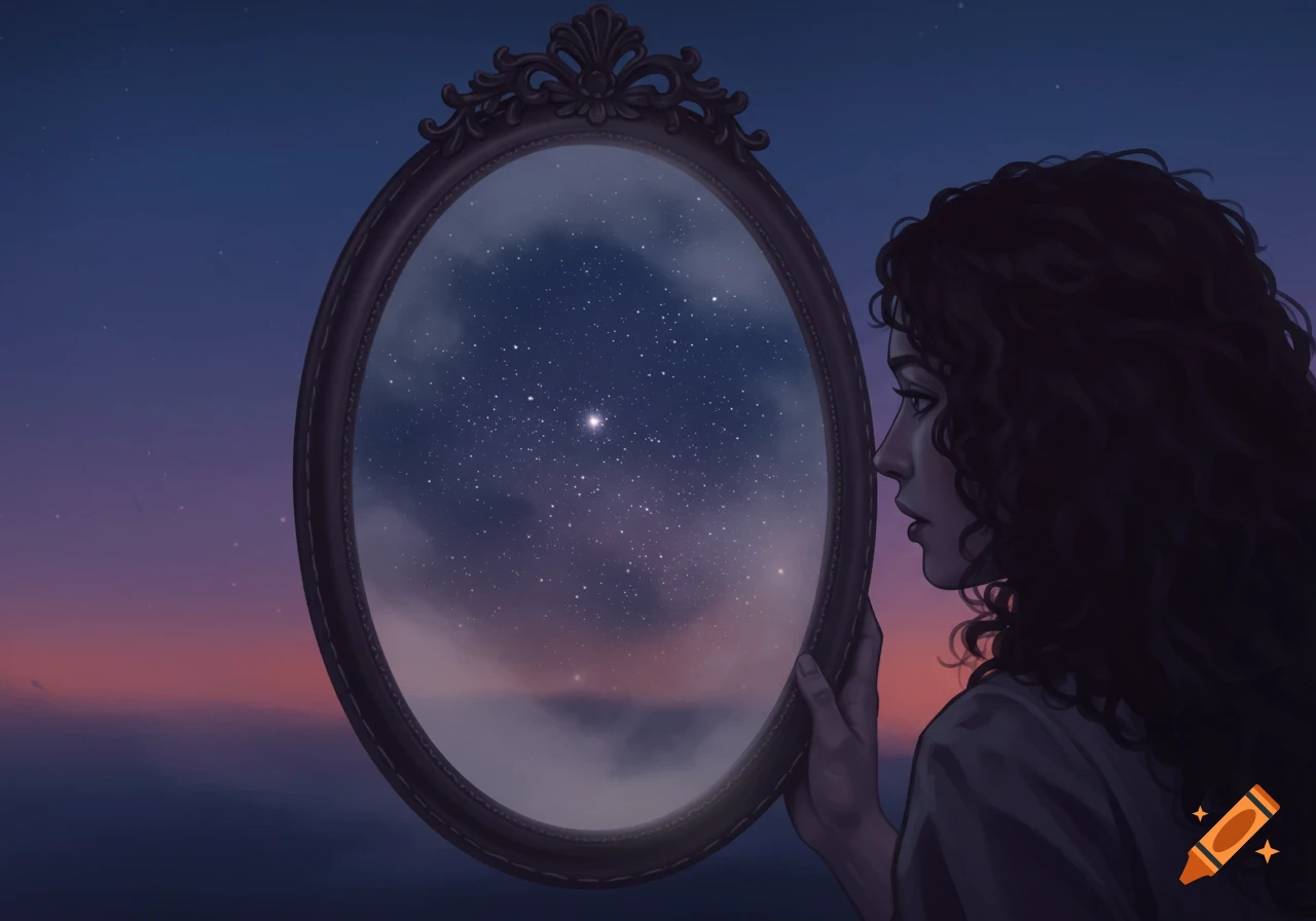 Illustration of a woman looking into a mirror reflecting a starry sky.