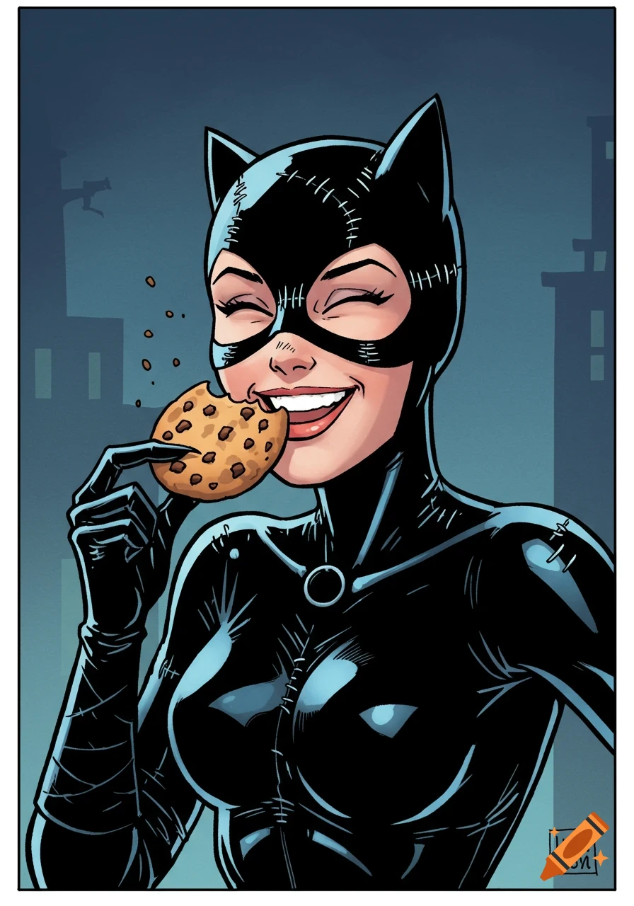 Catwoman smiling and eating a cookie in a comic book style illustration