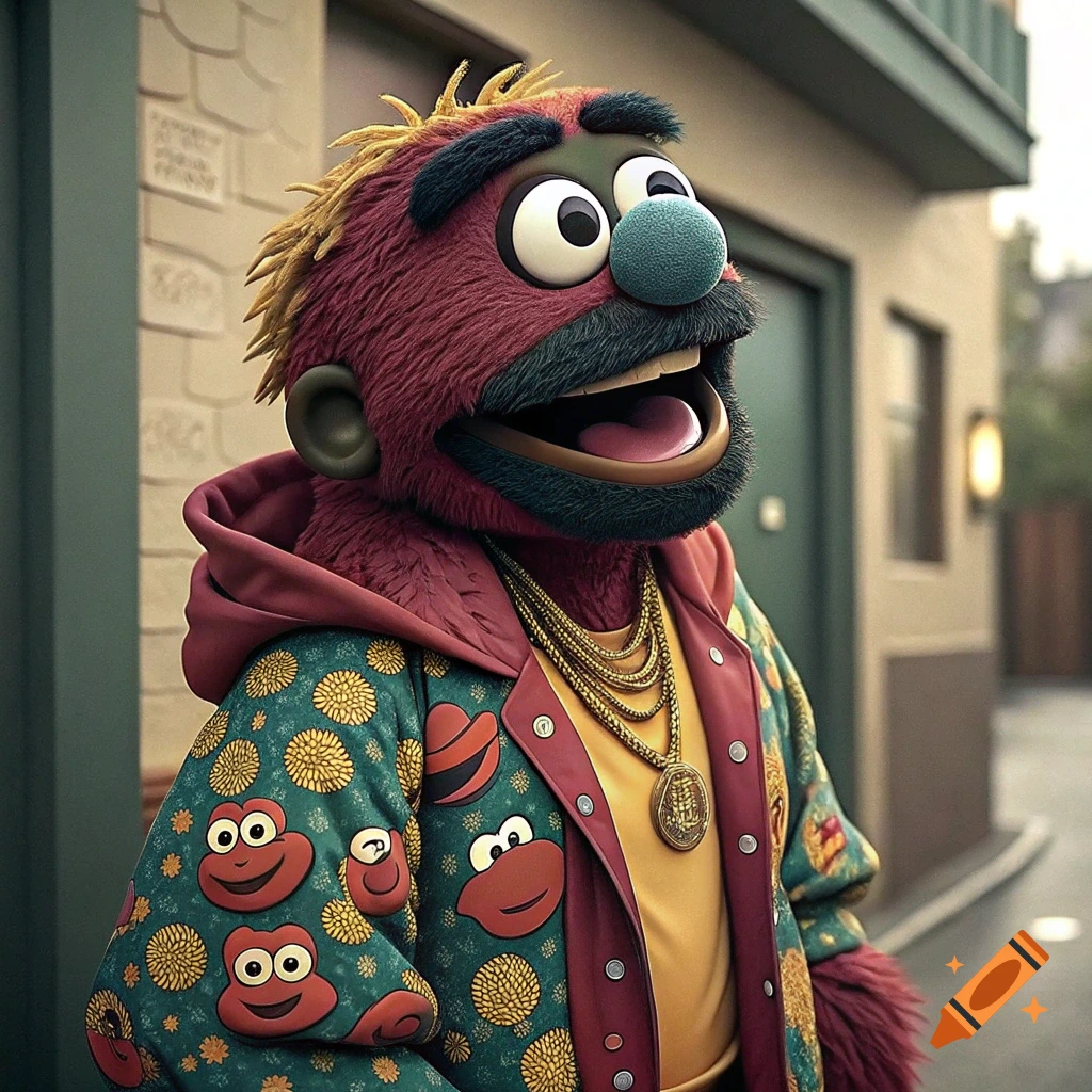 Puppet character resembling Sesame Street style, wearing a patterned jacket and gold chains, standing outside.