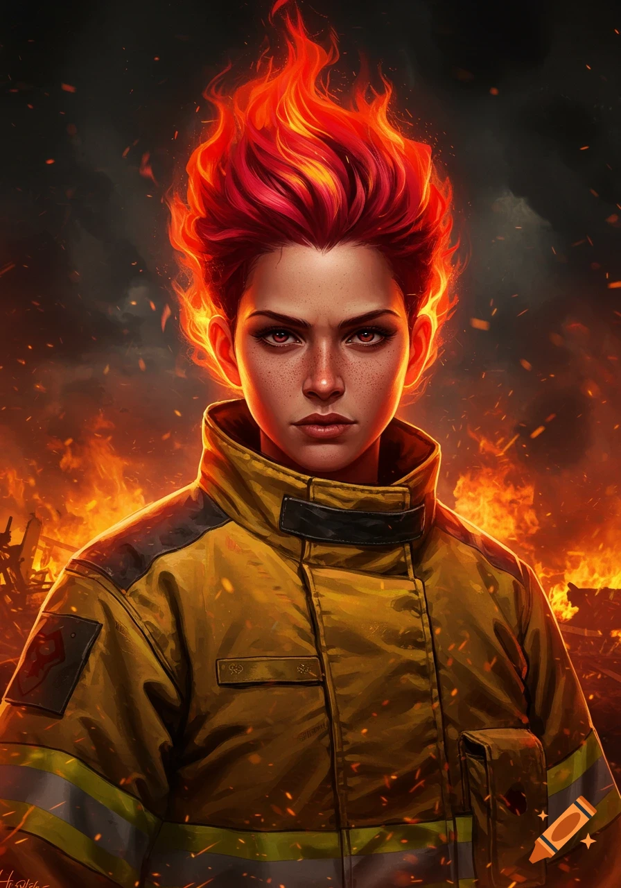 A portrait illustration of a female firefighter with fiery red hair and a determined expression, standing in front of a blazing fire.