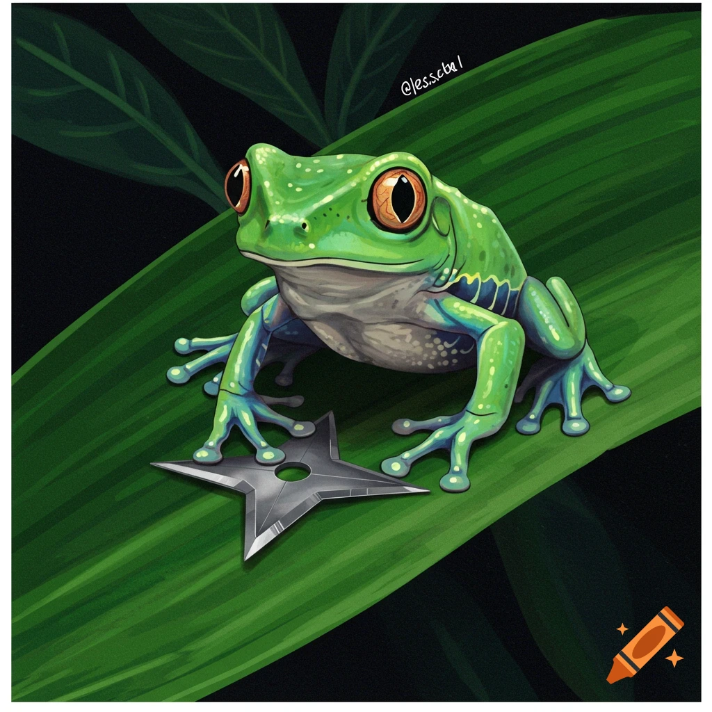 Illustration of a green frog with orange eyes sitting on a large leaf next to a ninja star.