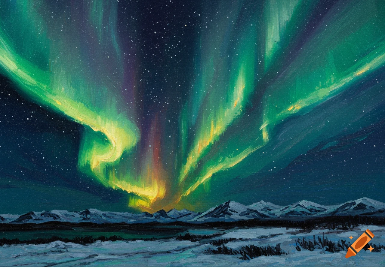 Painting of vibrant aurora borealis over snow-covered mountains and lake.