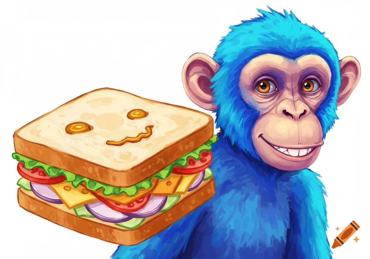 A cartoon blue monkey holds a sandwich with a face drawn on it.