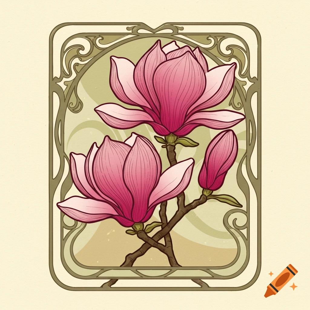 An illustration of pink magnolias in an art nouveau border.