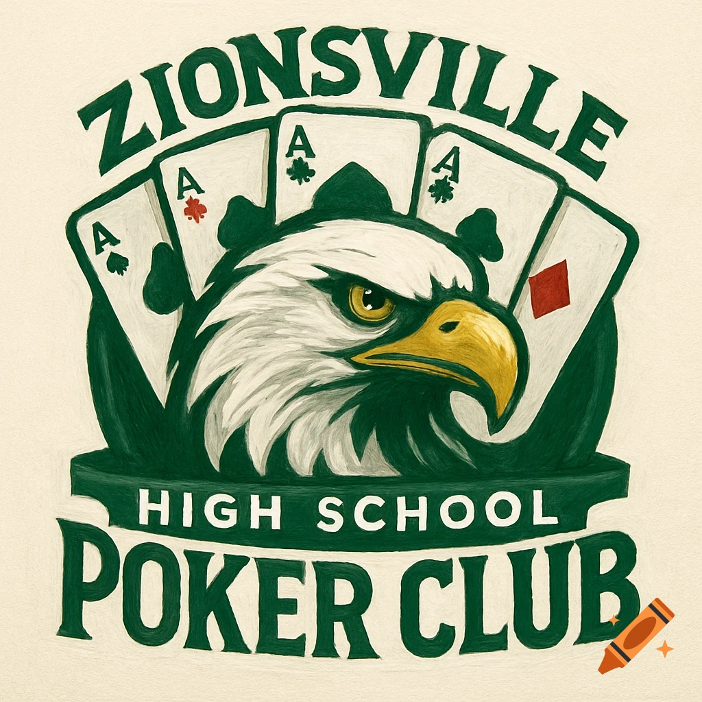 Logo of an eagle head with four aces behind it and text 'ZIONSVILLE HIGH SCHOOL POKER CLUB'.