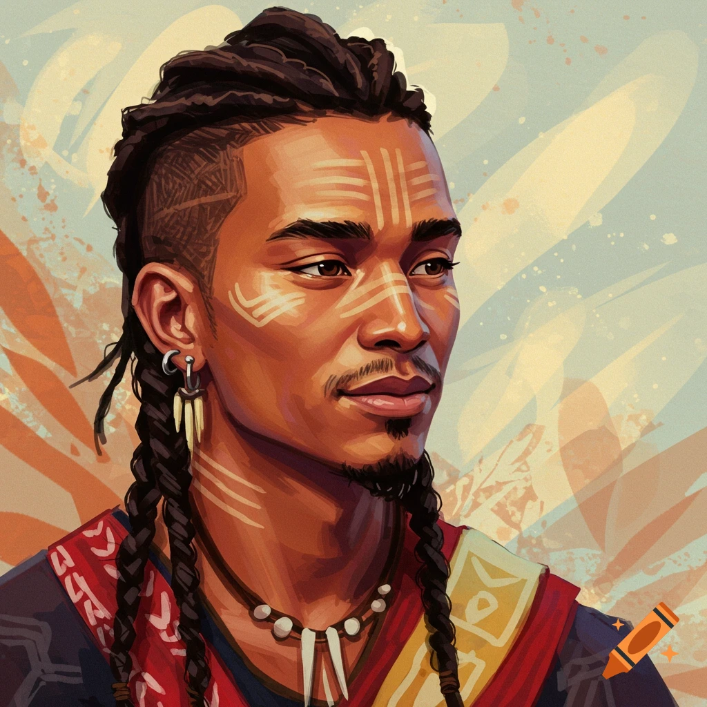 A stylized portrait of a man with tribal markings, braided hair, and jewelry.