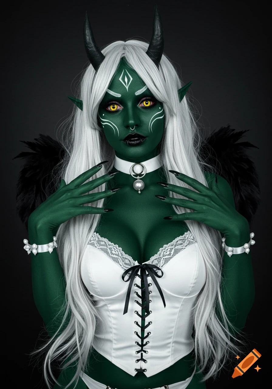 Green skinned fantasy character with white hair, yellow eyes, horns, and white corset.