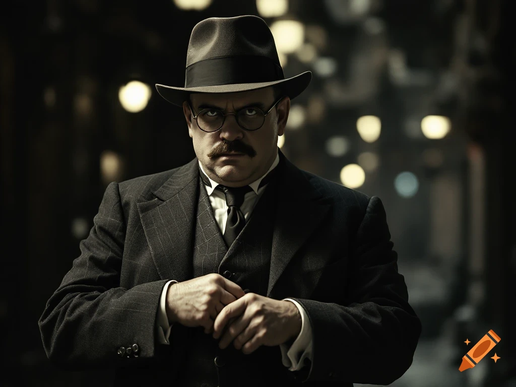 A man dressed as a 1920s New York gangster in a suit and fedora, looking intently at the camera.