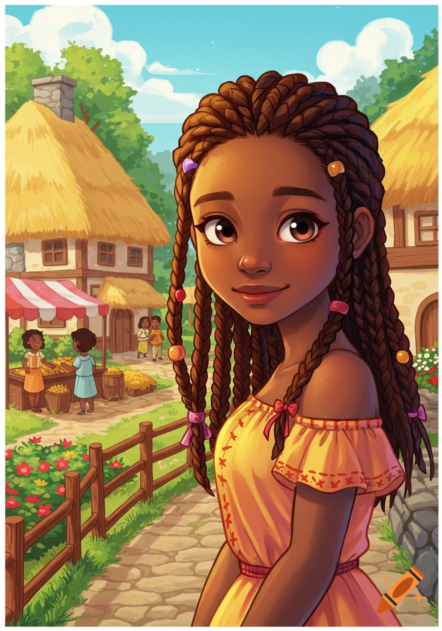 Illustration of a Black girl with braids in a village marketplace.