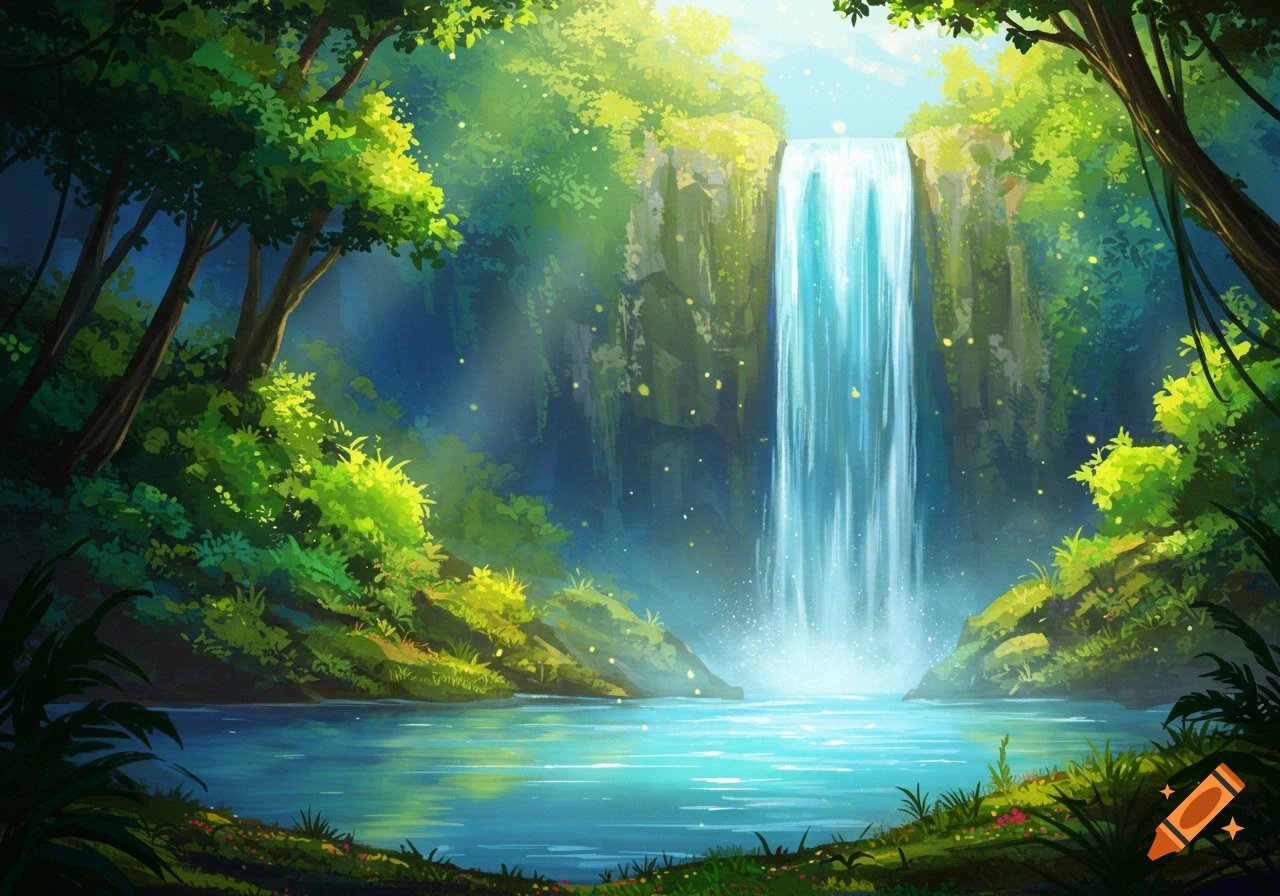 Bright stylized landscape illustration featuring a waterfall cascading into a tranquil pool surrounded by lush green foliage and trees.