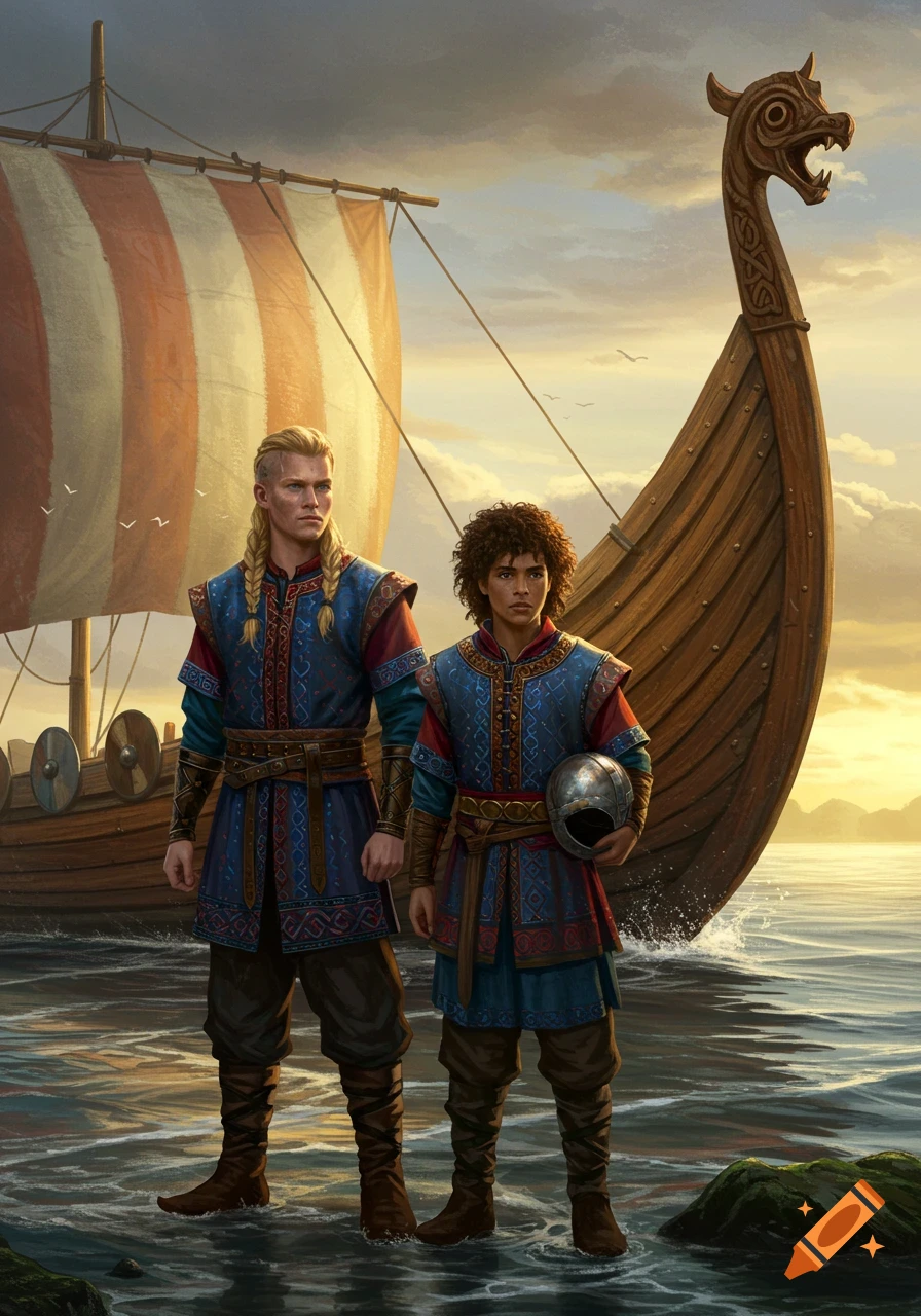 Two figures in Viking clothing stand by a longship at sunset.