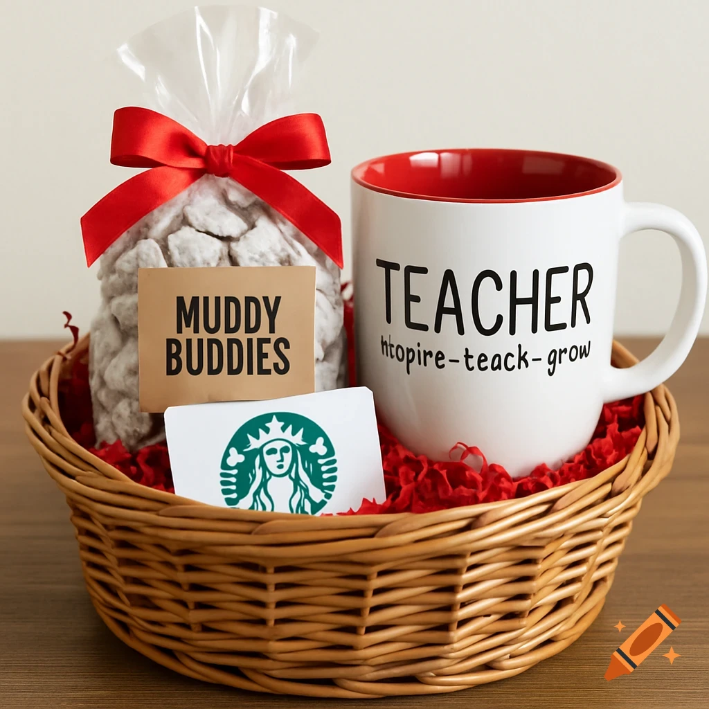 Photorealistic image of a teacher appreciation gift basket with Muddy Buddies, a mug, and a Starbucks gift card.