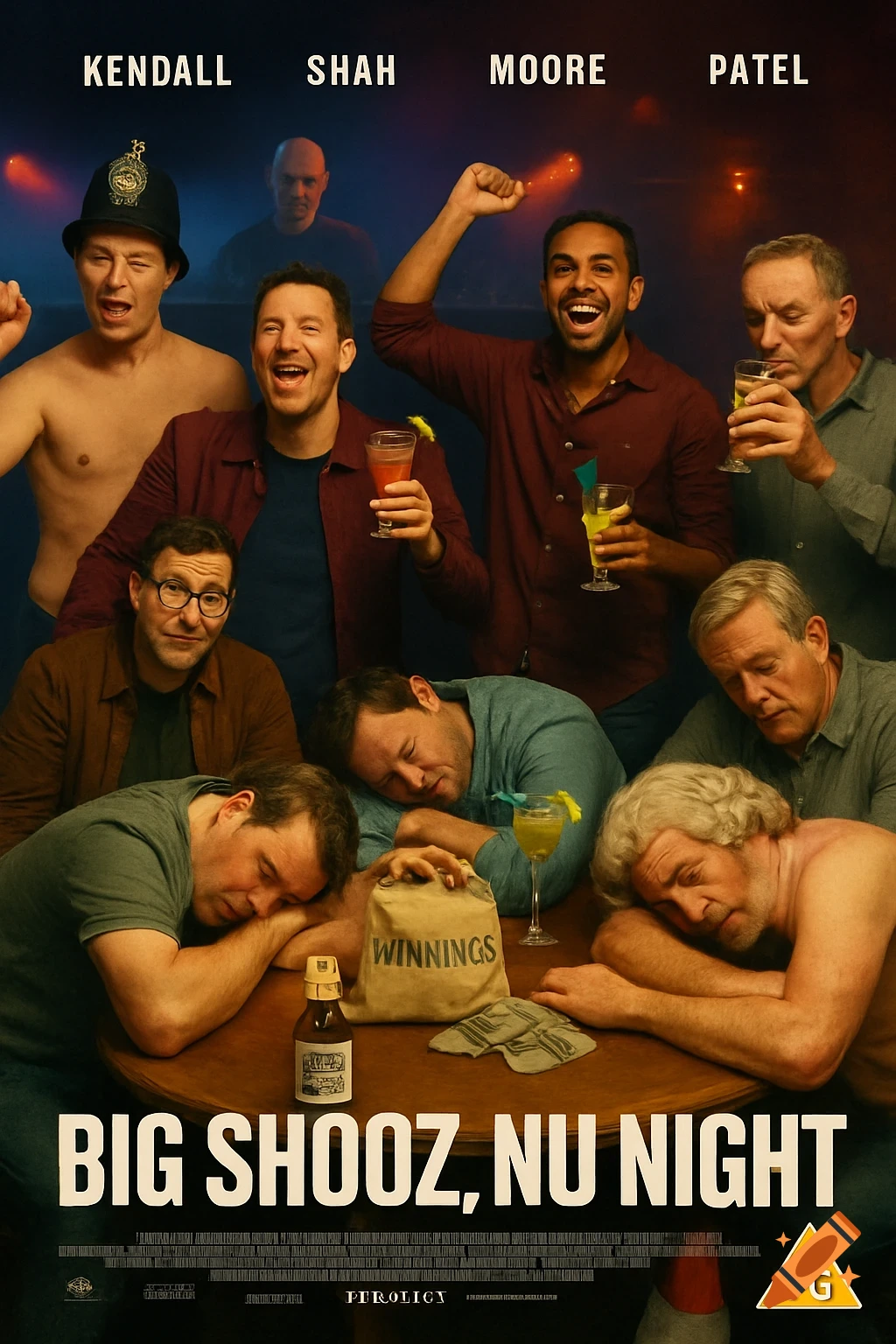 Film poster shows a group of men enjoying a night out, some drinking, some asleep on a table with a bag of winnings. Title 'BIG SHOOZ, NU NIGHT'.