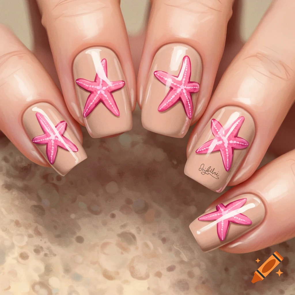A close-up of manicured nails with pink starfish designs on a sandy background.