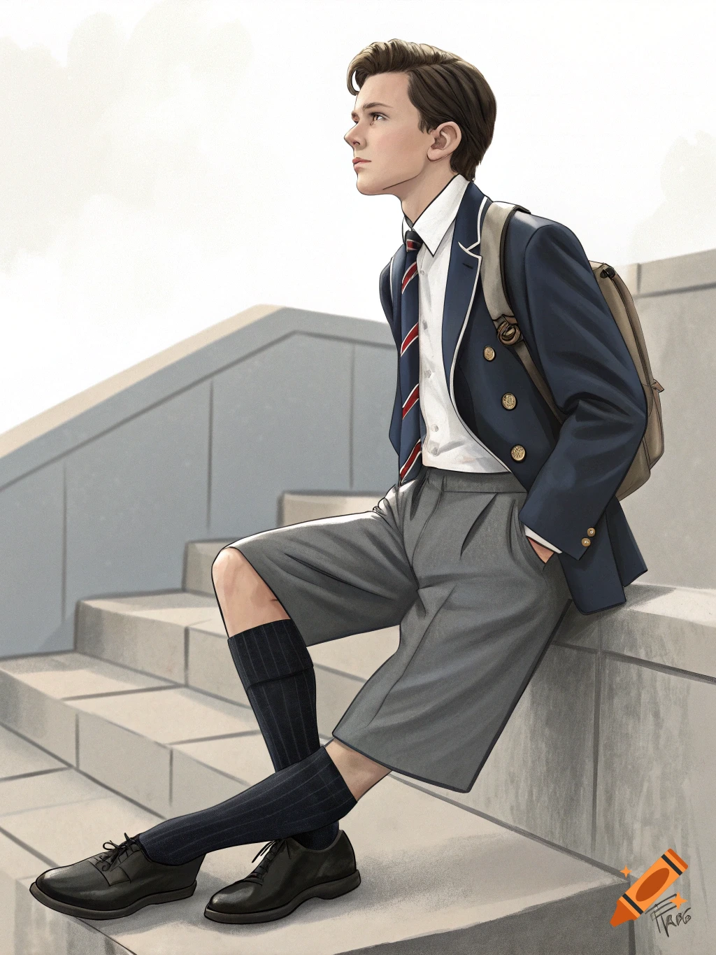 A character illustration of a young man in a school uniform sitting on stairs.