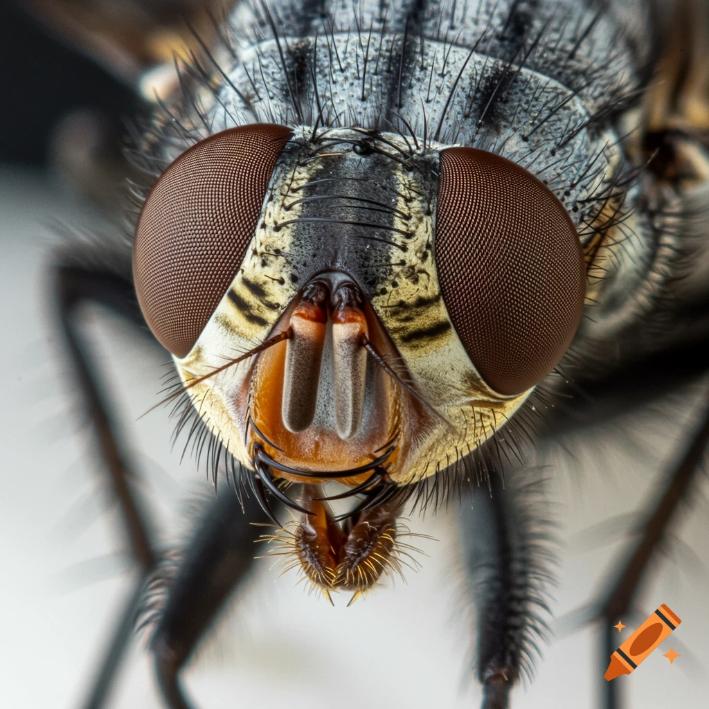 Extreme close-up macro photo of a housefly's head showing its large compound eyes and mouthparts.