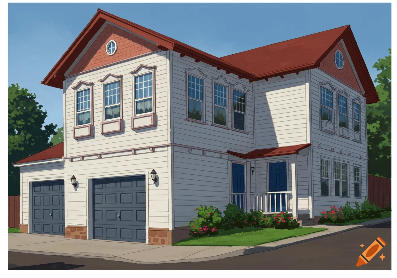 Illustration of a white house with a red roof, blue doors, two garages, and landscaping.