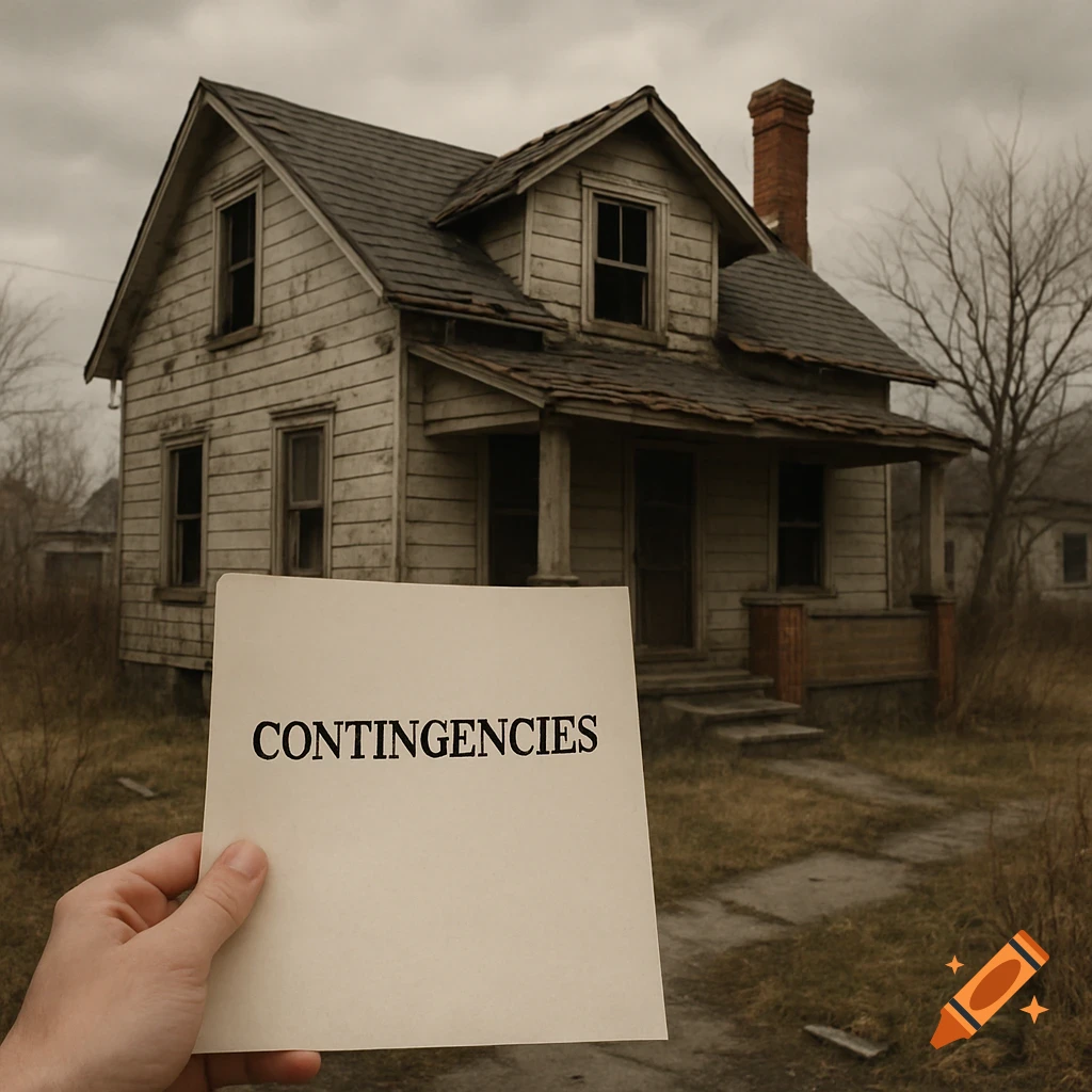 A hand holds a paper reading "CONTINGENCIES" in front of a dilapidated house.