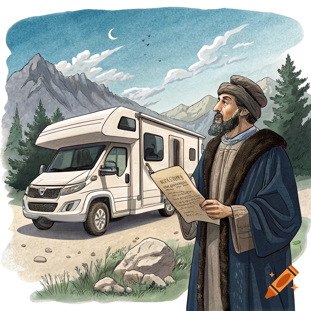 Illustration of Maimonides standing next to a modern recreational vehicle in a mountain landscape.