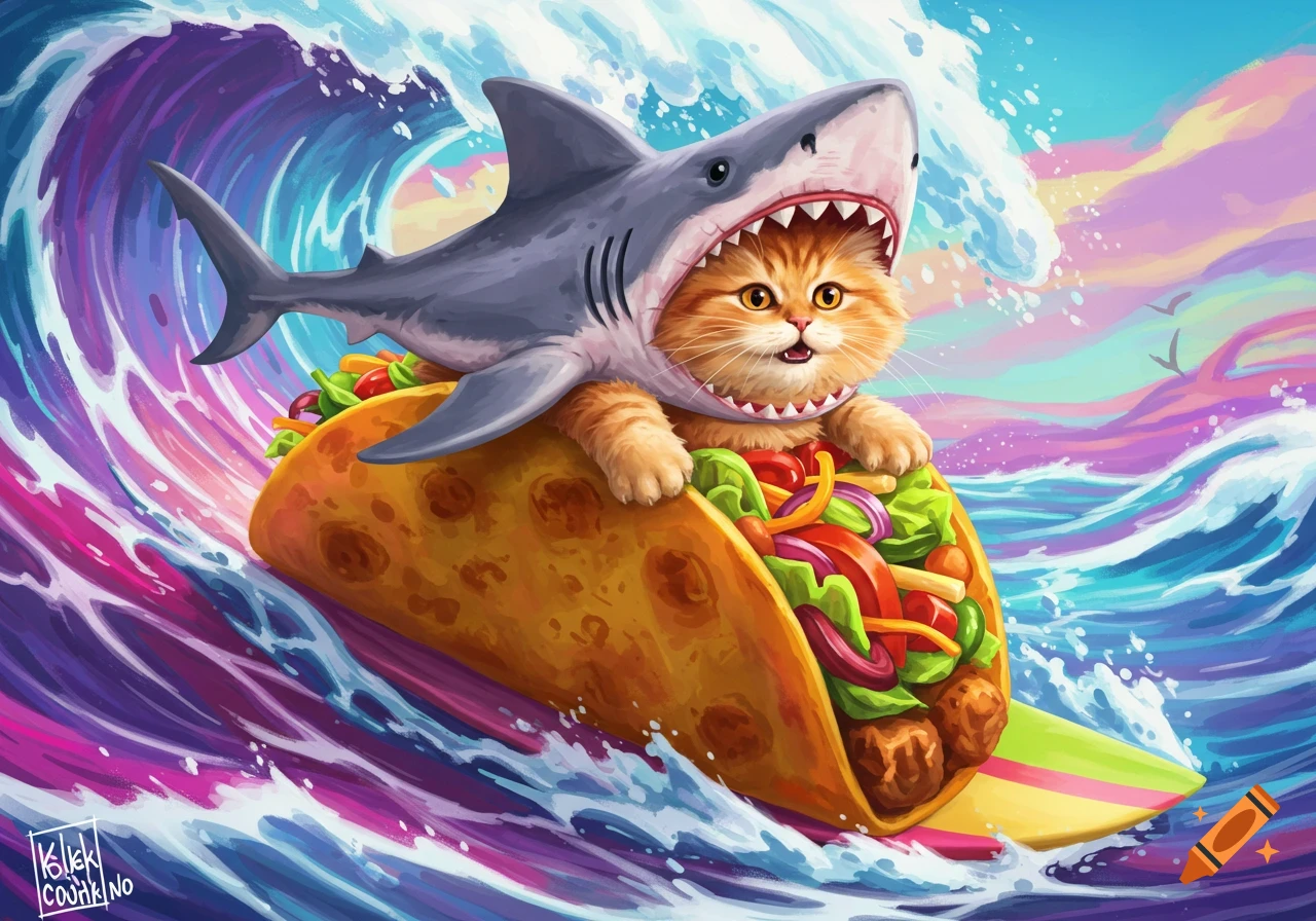 Cartoon cat wearing a shark costume surfing on a taco on a large wave.