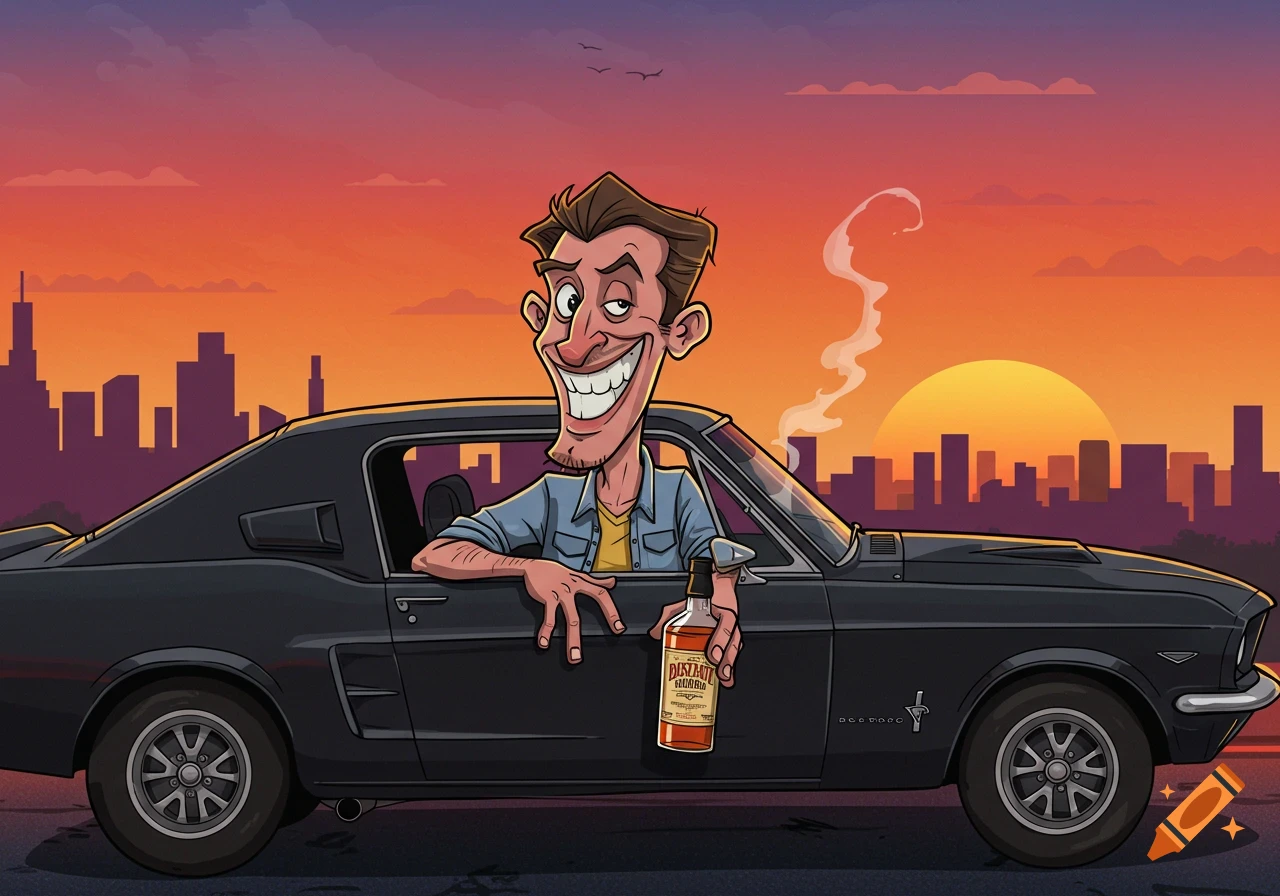Cartoon man leans from a black Mustang holding a bottle of bourbon against a city skyline at sunset.
