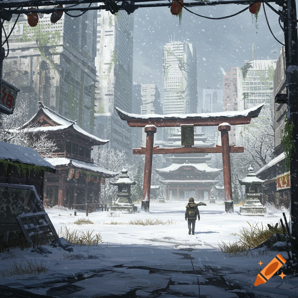 A person walks towards a snowy Torii gate in a post-apocalyptic Japanese city with ruined skyscrapers.