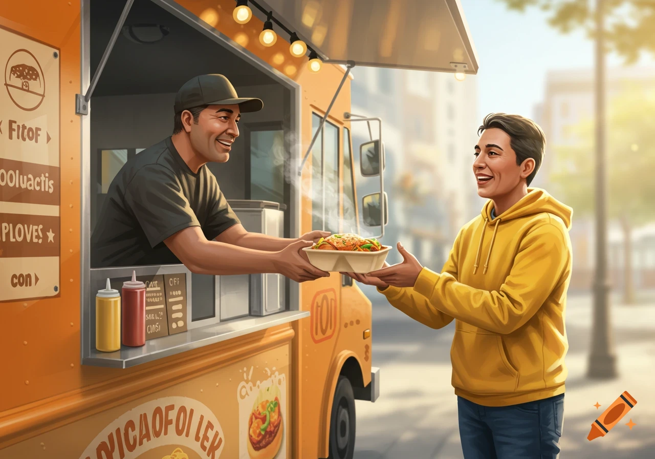 Man in food truck hands food to smiling customer.