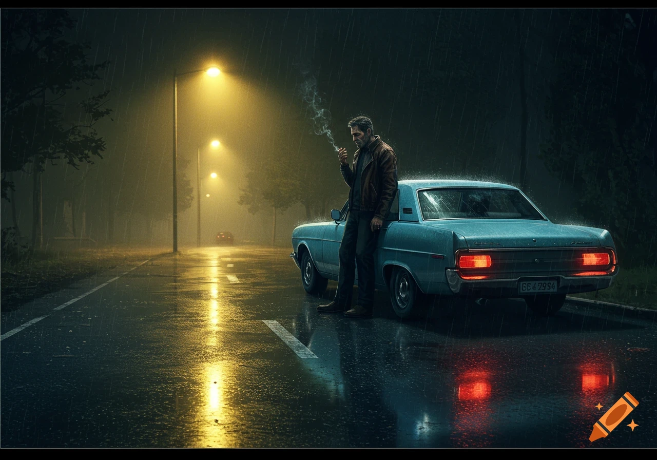 A man smokes a cigarette next to a vintage car on a wet street at night in the rain, lit by streetlights.