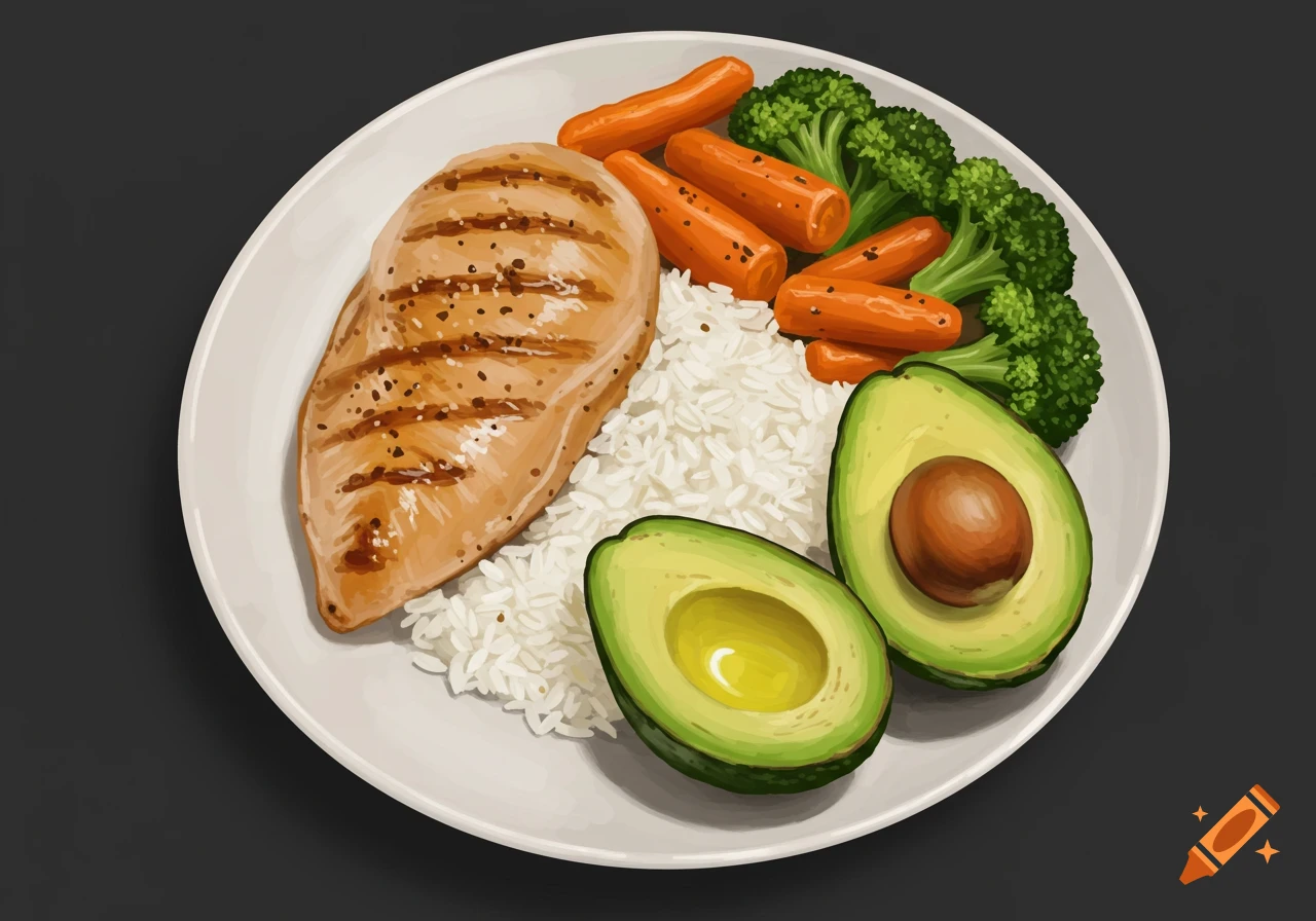 Plate with grilled chicken, rice, carrots, broccoli, and avocado.
