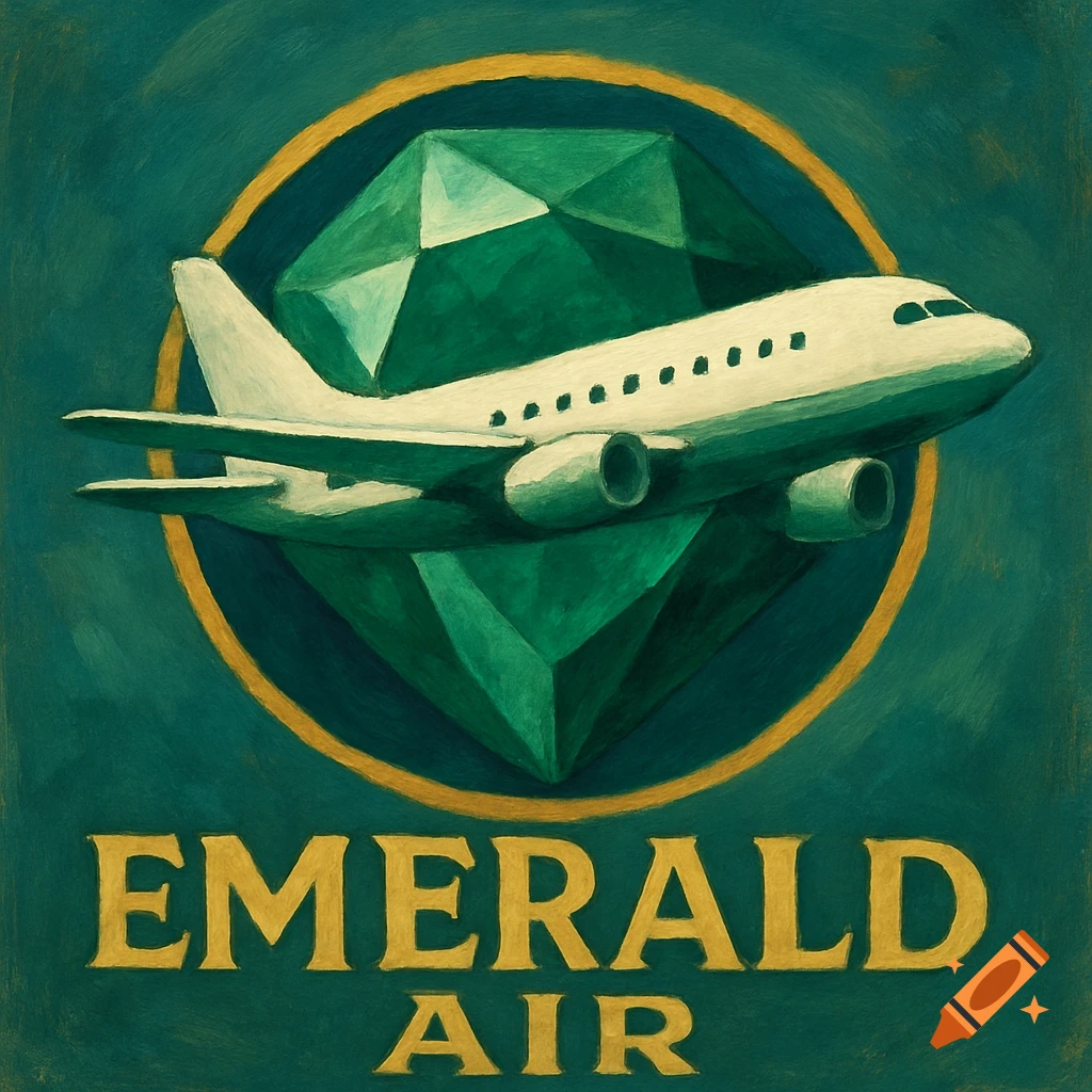 Painted logo: white airplane over green emerald with gold circle, text 'EMERALD AIR'