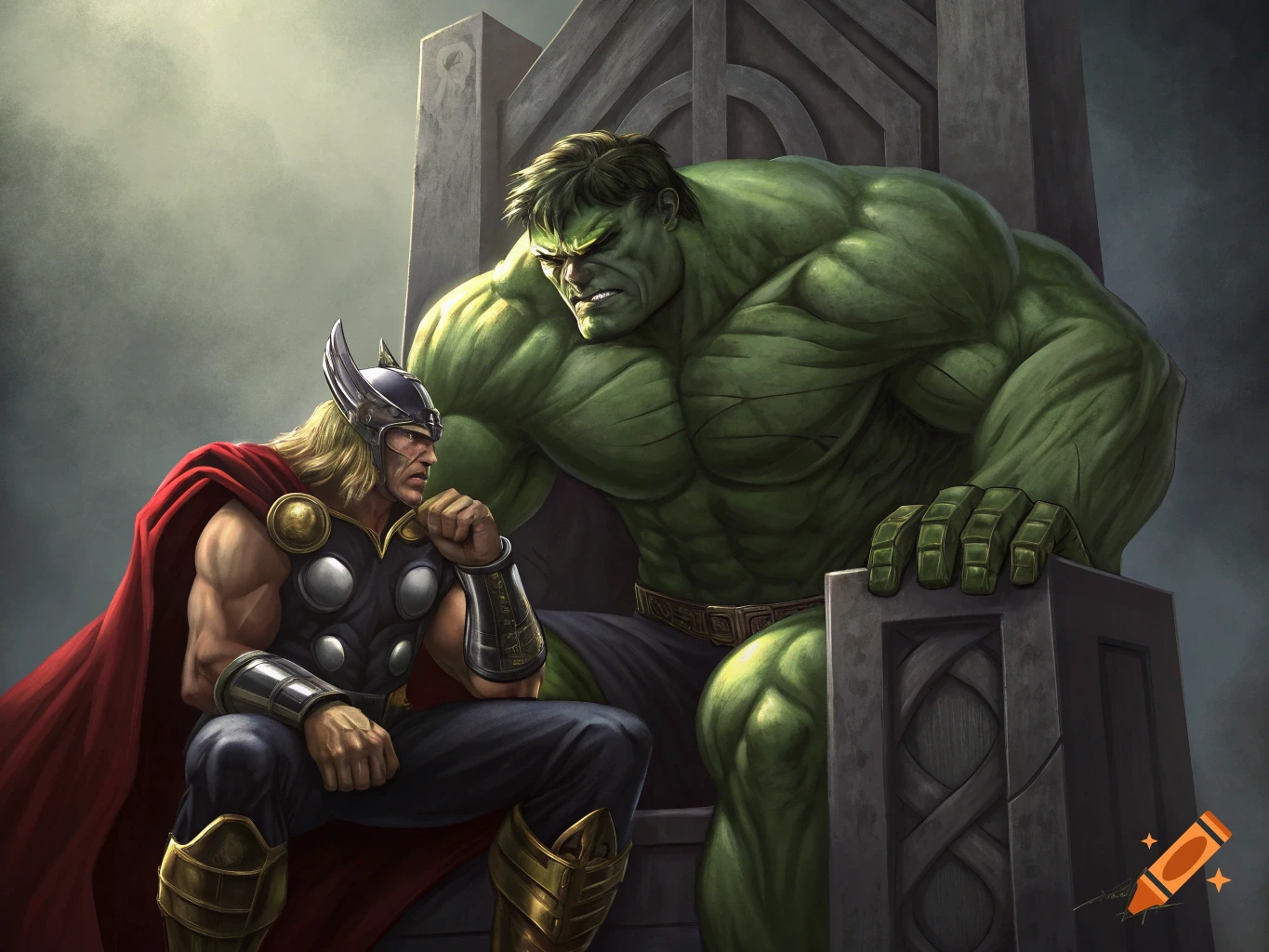Thor sits next to a large Hulk on a throne, illustration.